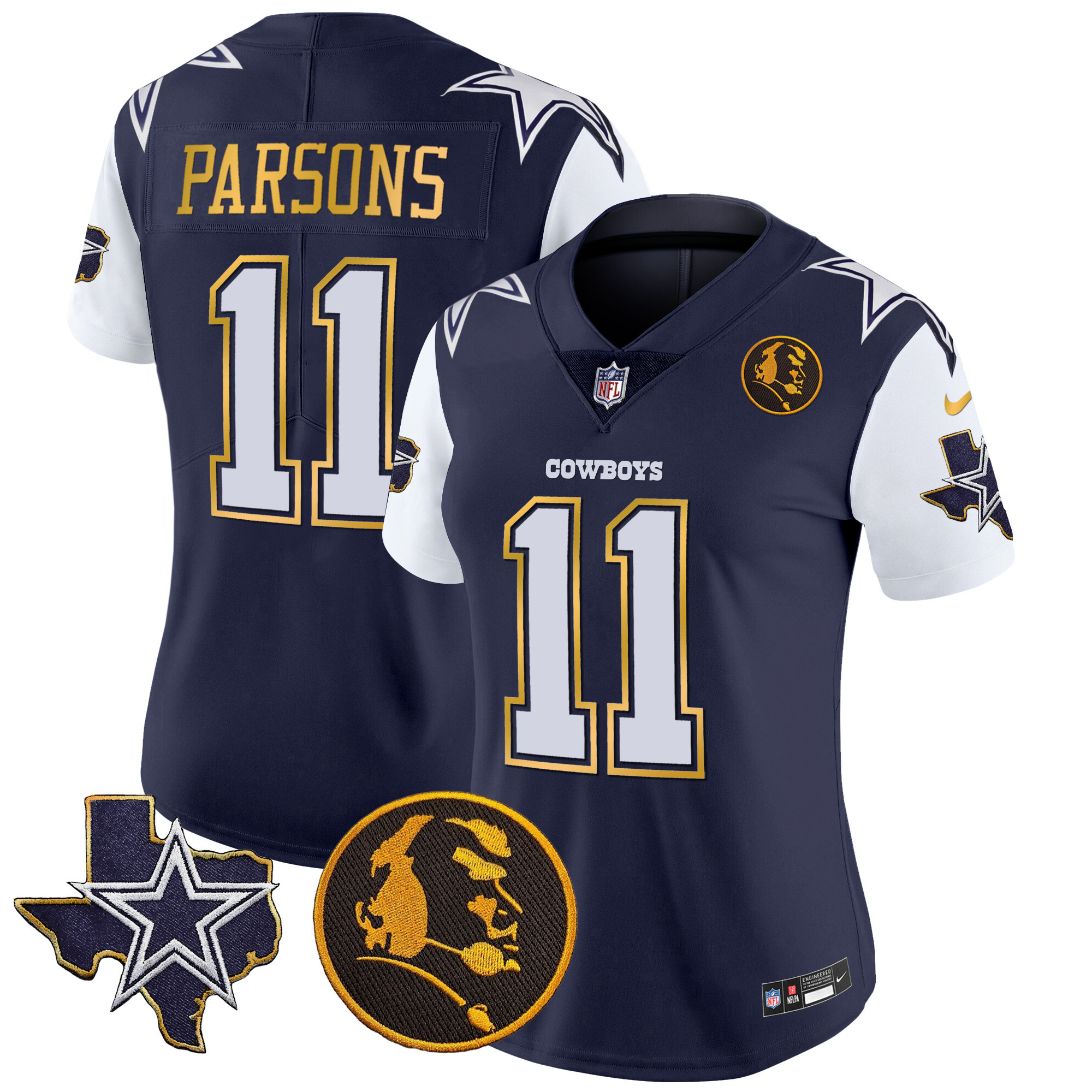 Micah Parsons Women's Dallas Cowboys Texas & John Madden Patch Gold Trim Vapor Navy Jersey - All Stitched