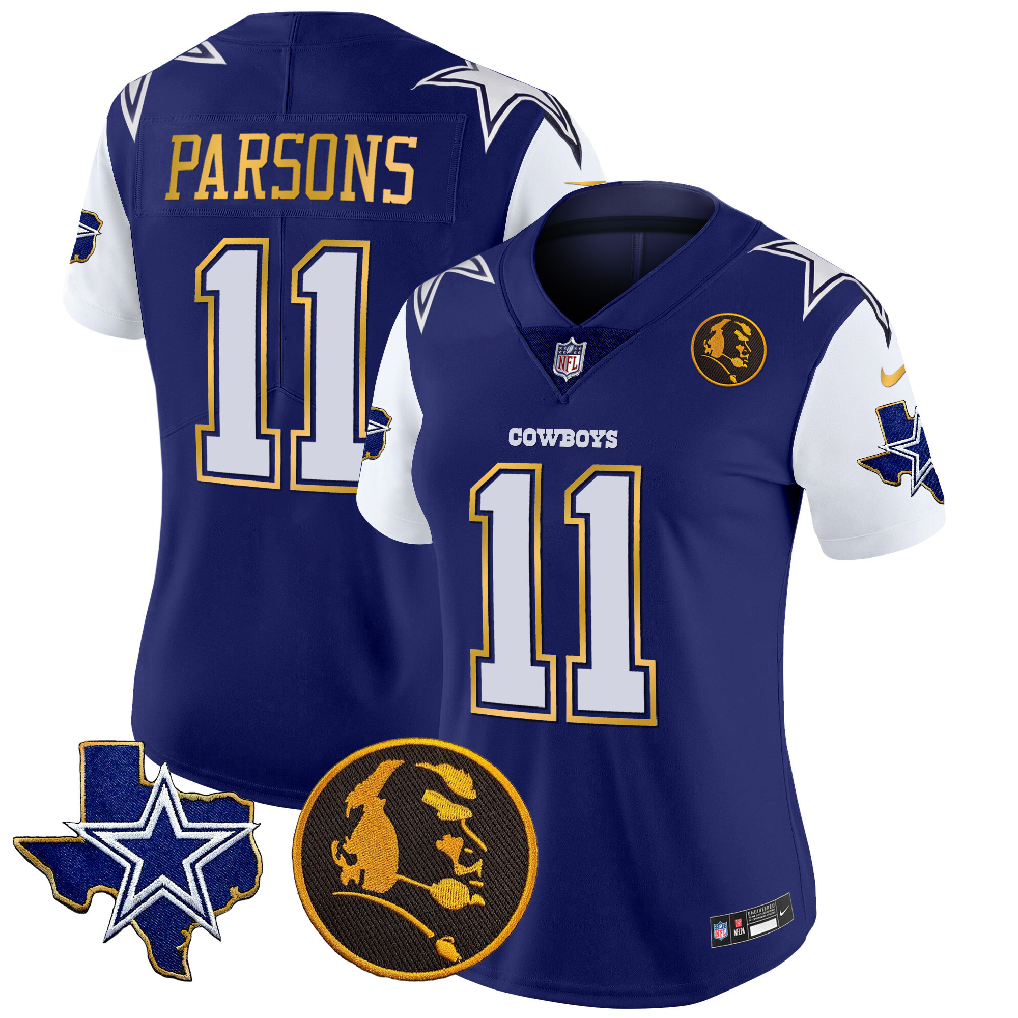 Micah Parsons Women's Dallas Cowboys Texas & John Madden Patch Gold Trim Vapor Royal Jersey - All Stitched