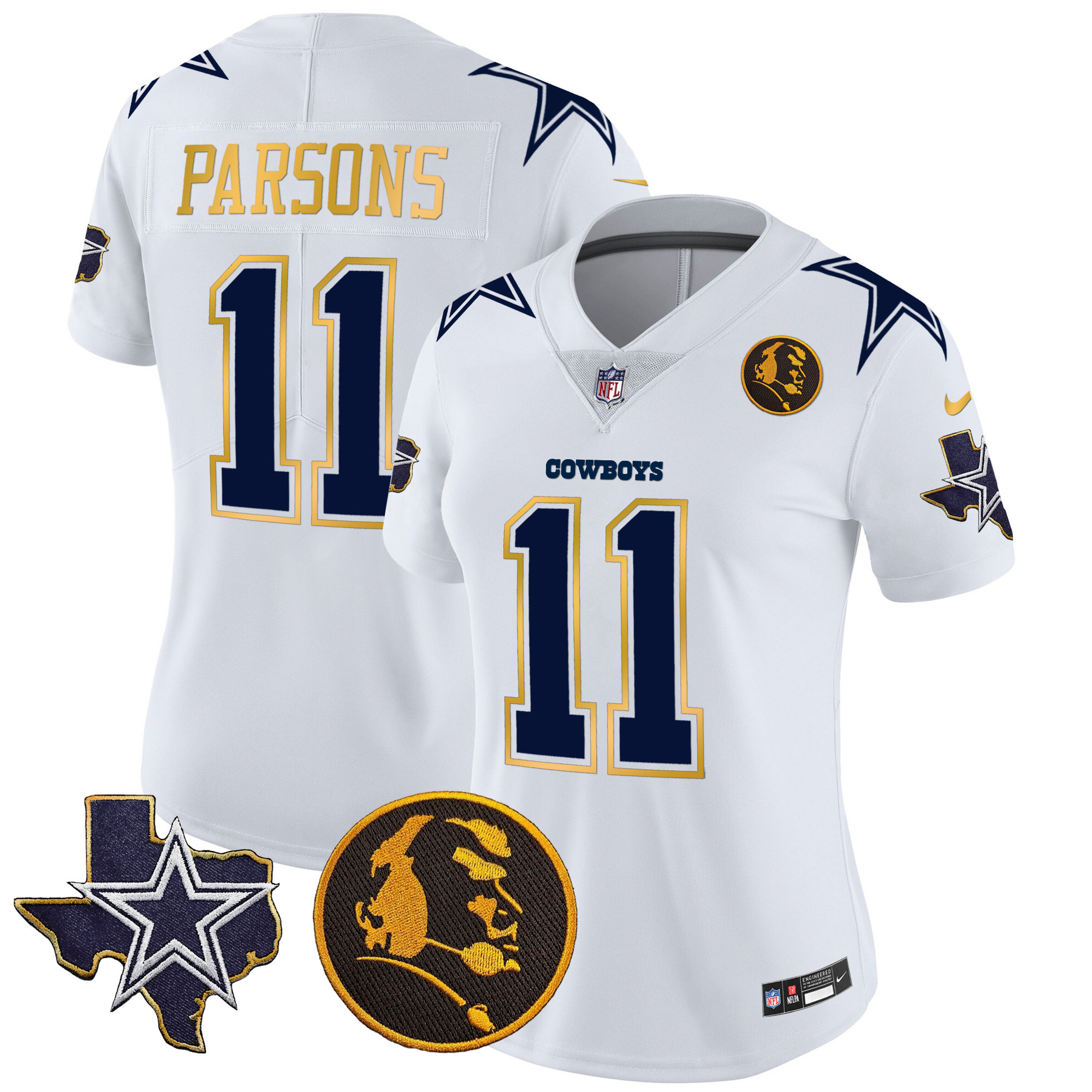 Micah Parsons Women's Dallas Cowboys Texas & John Madden Patch Gold Trim Vapor White Jersey - All Stitched