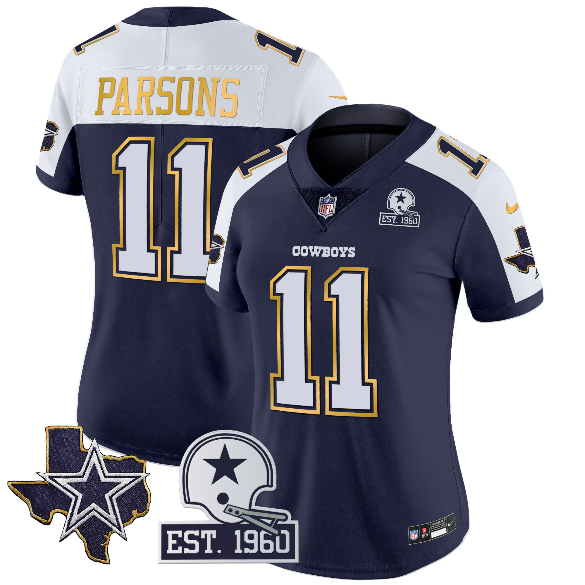 Micah Parsons Women's Dallas Cowboys Texas Patch Gold Trim Vapor Navy Alternate Jersey - All Stitched