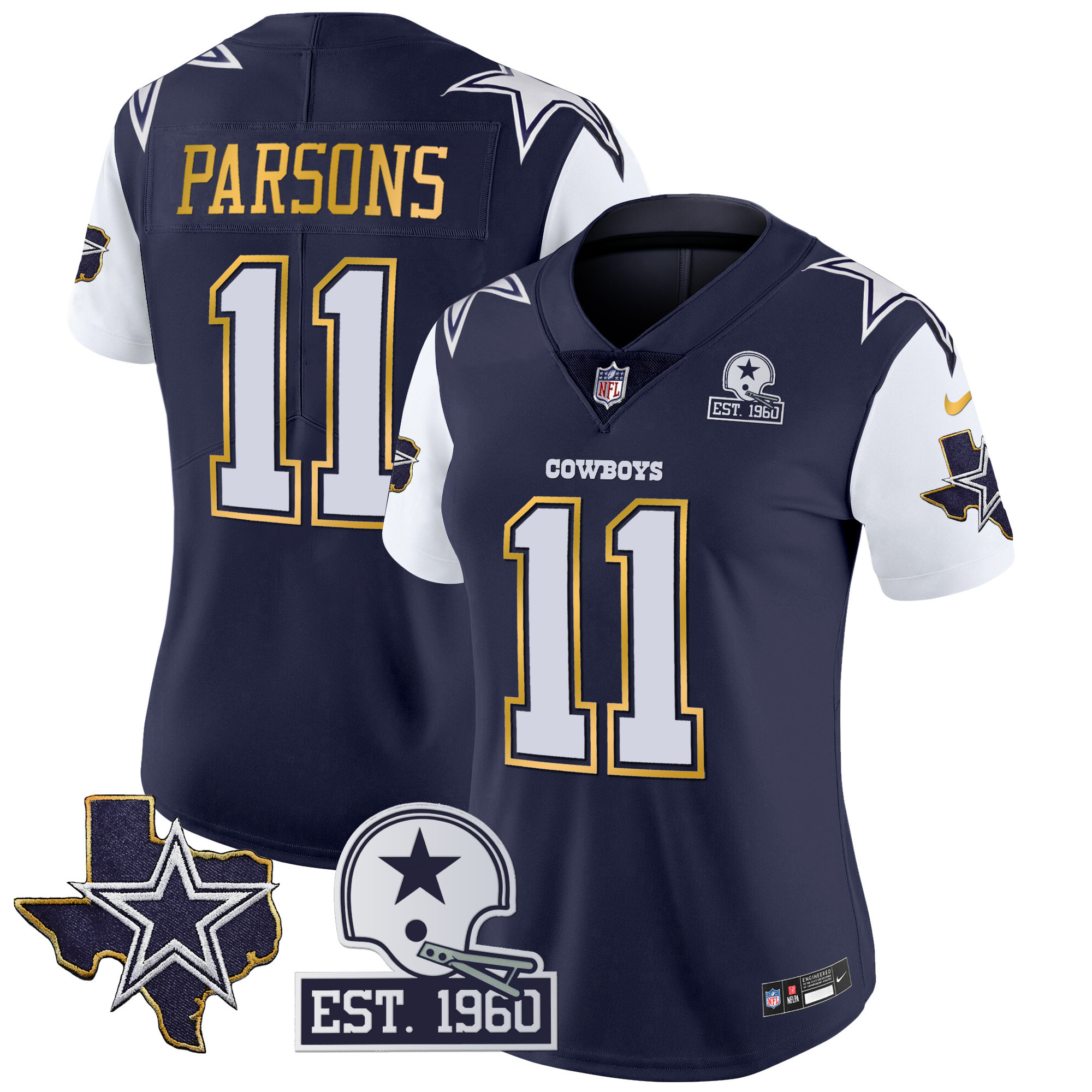 Micah Parsons Women's Dallas Cowboys Texas Patch Gold Trim Vapor Navy Jersey - All Stitched