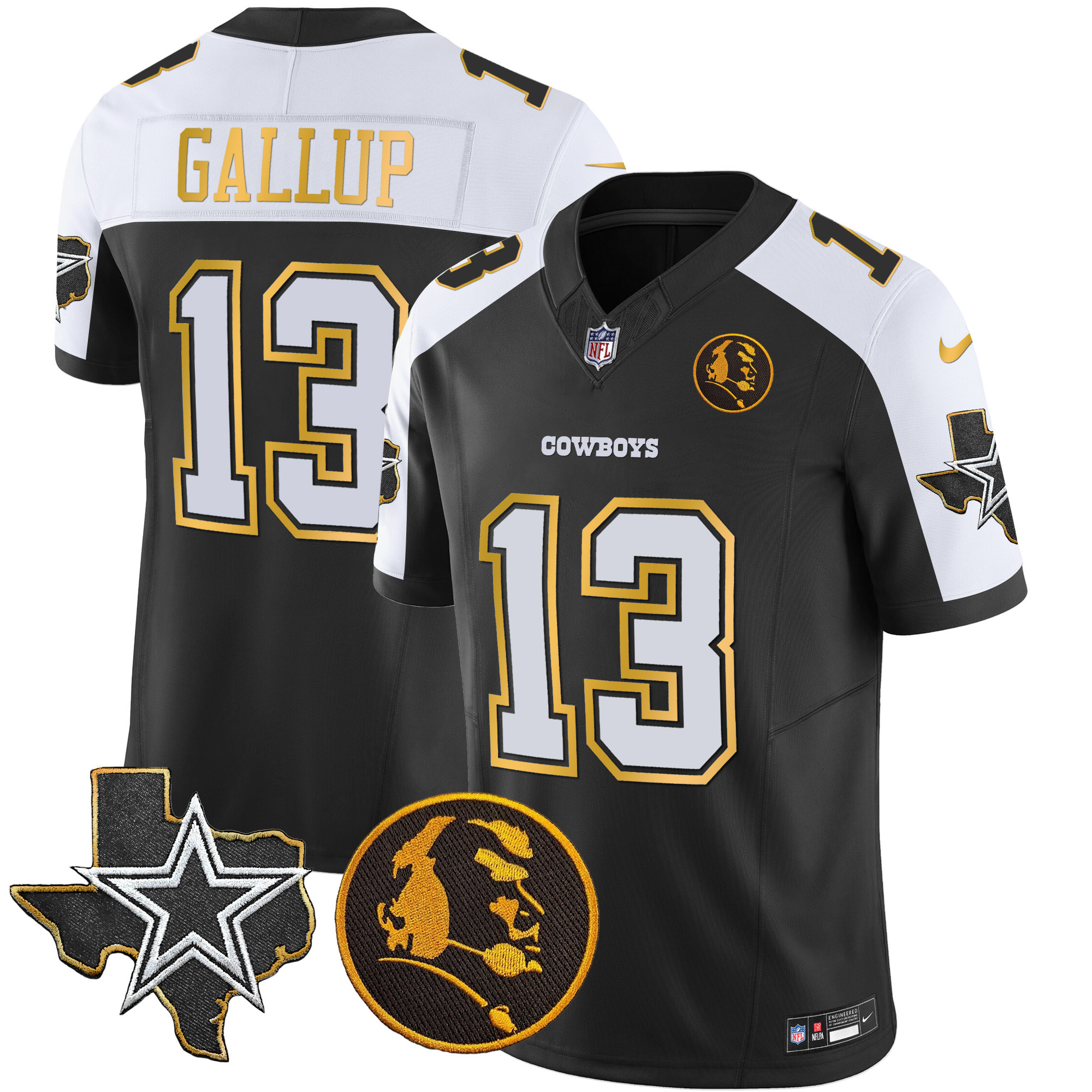 Michael Gallup Men's Dallas Cowboys Texas & John Madden Patch Gold Trim Vapor Black Alternate Jersey - All Stitched