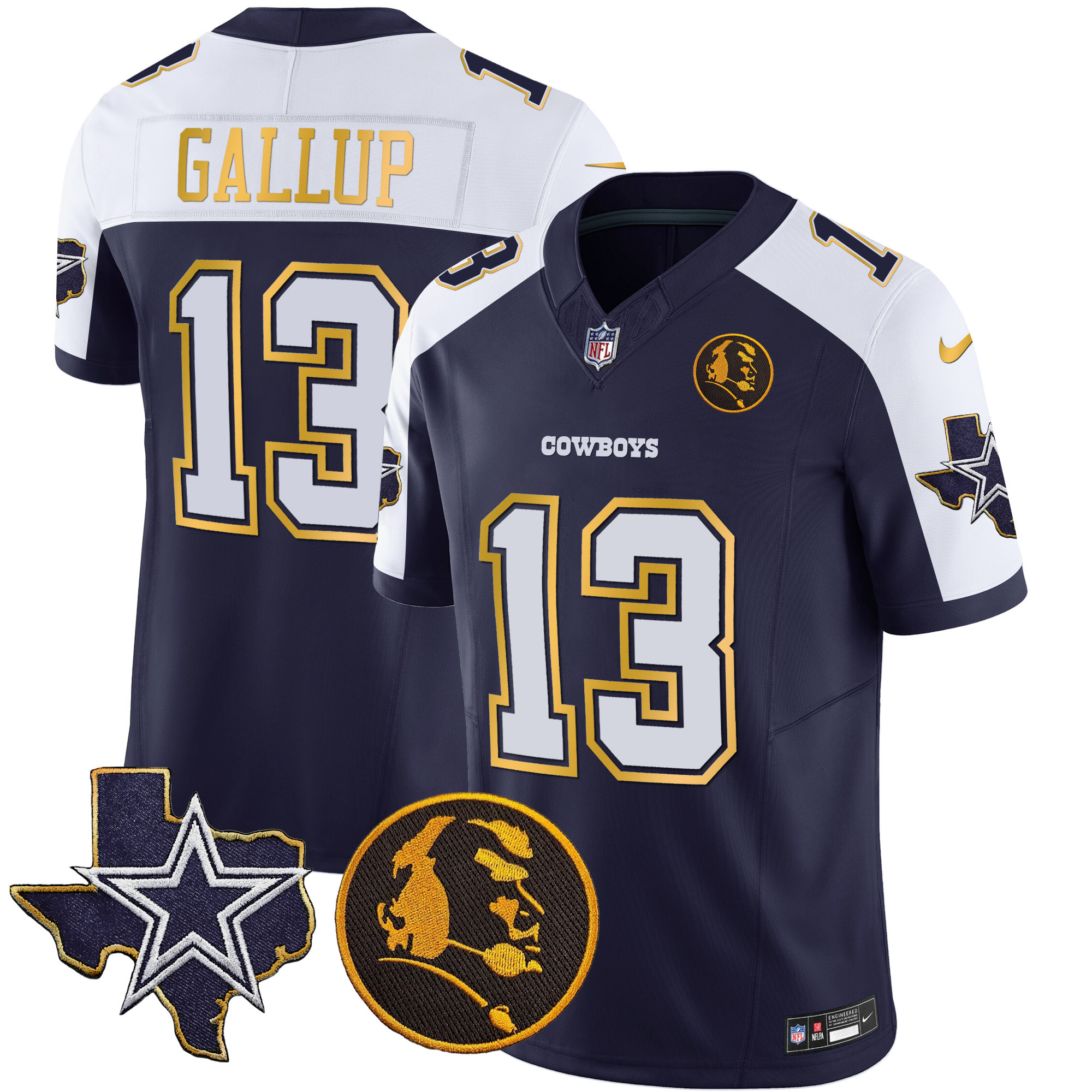 Michael Gallup Men's Dallas Cowboys Texas & John Madden Patch Gold Trim Vapor Navy Alternate Jersey - All Stitched