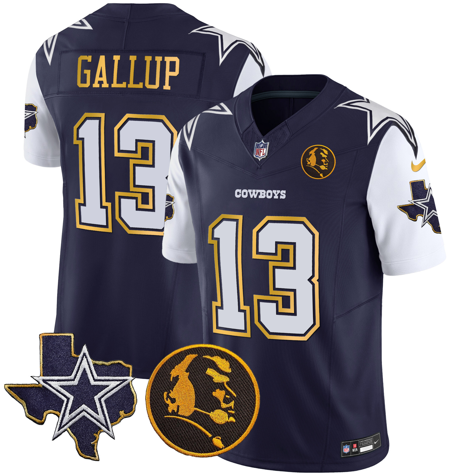 Michael Gallup Men's Dallas Cowboys Texas & John Madden Patch Gold Trim Vapor Navy Jersey - All Stitched
