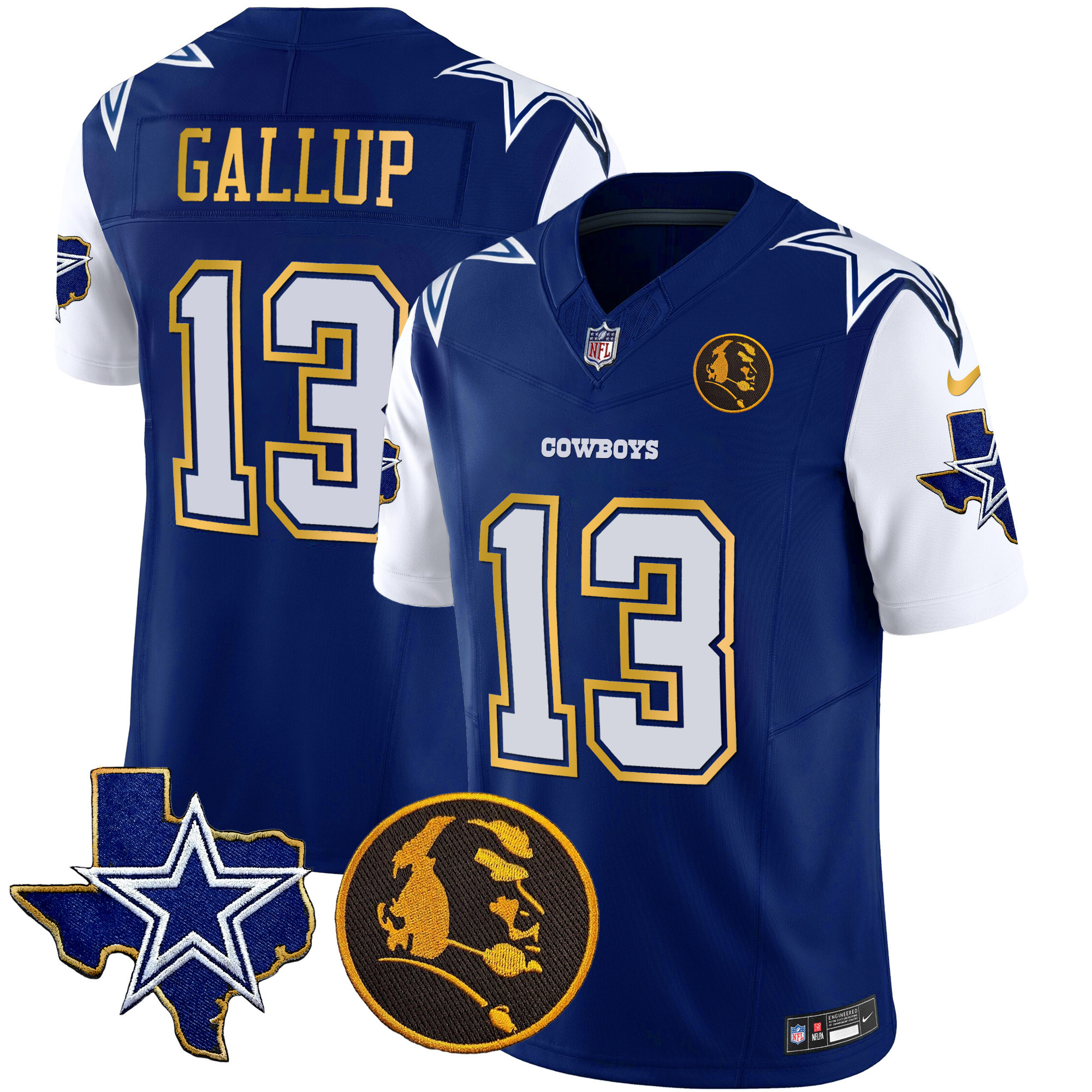 Michael Gallup Men's Dallas Cowboys Texas & John Madden Patch Gold Trim Vapor Royal Jersey - All Stitched