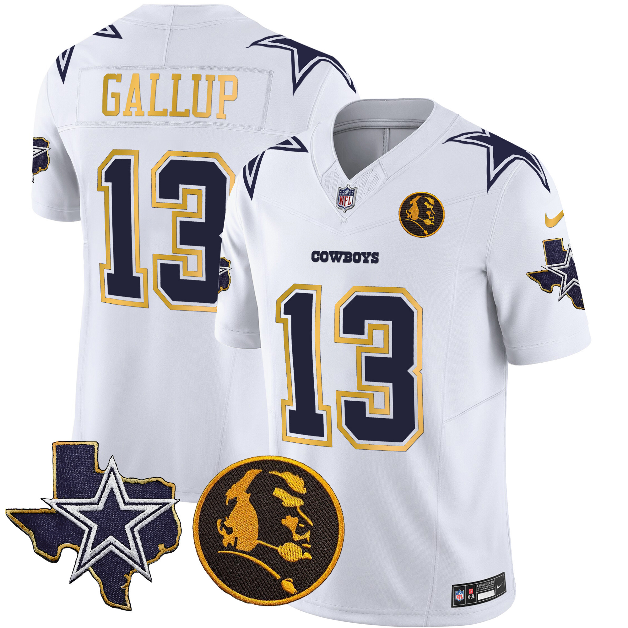 Michael Gallup Men's Dallas Cowboys Texas & John Madden Patch Gold Trim Vapor White Jersey - All Stitched