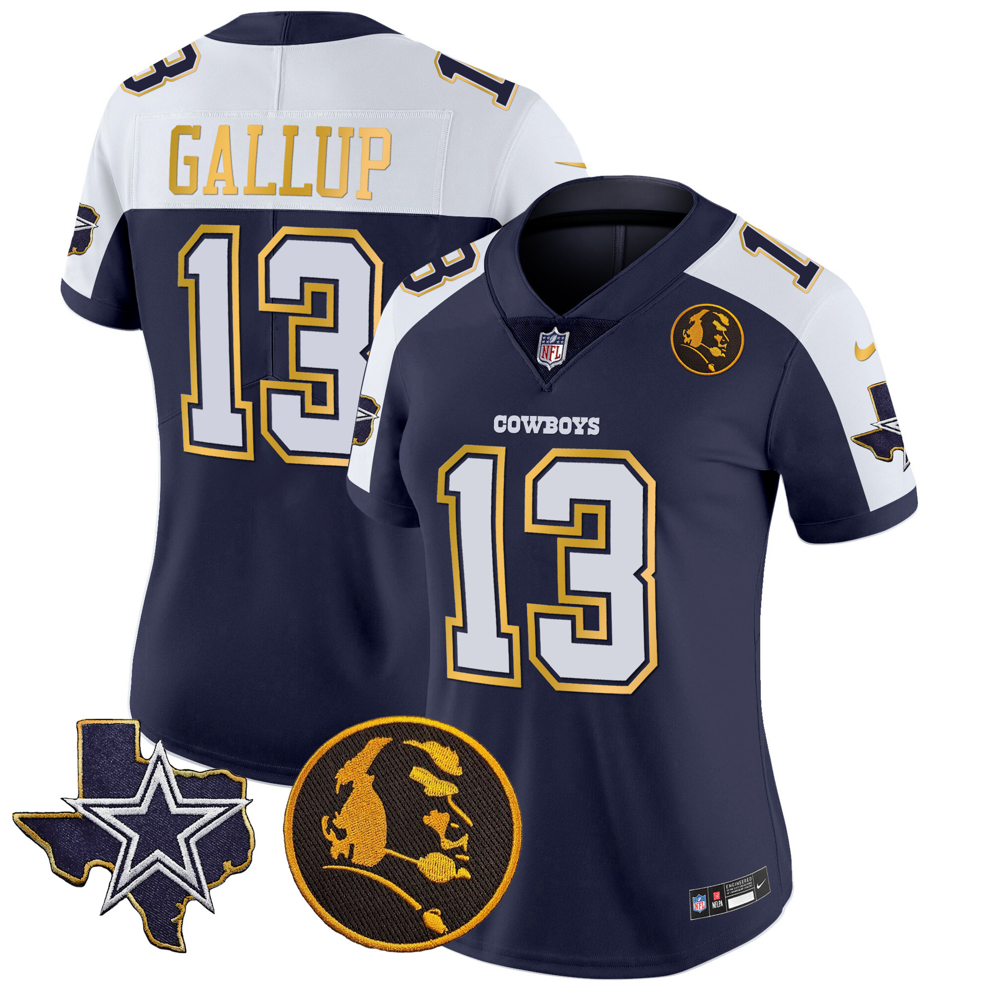 Michael Gallup Women's Dallas Cowboys Texas & John Madden Patch Gold Trim Vapor Navy Alternate Jersey - All Stitched