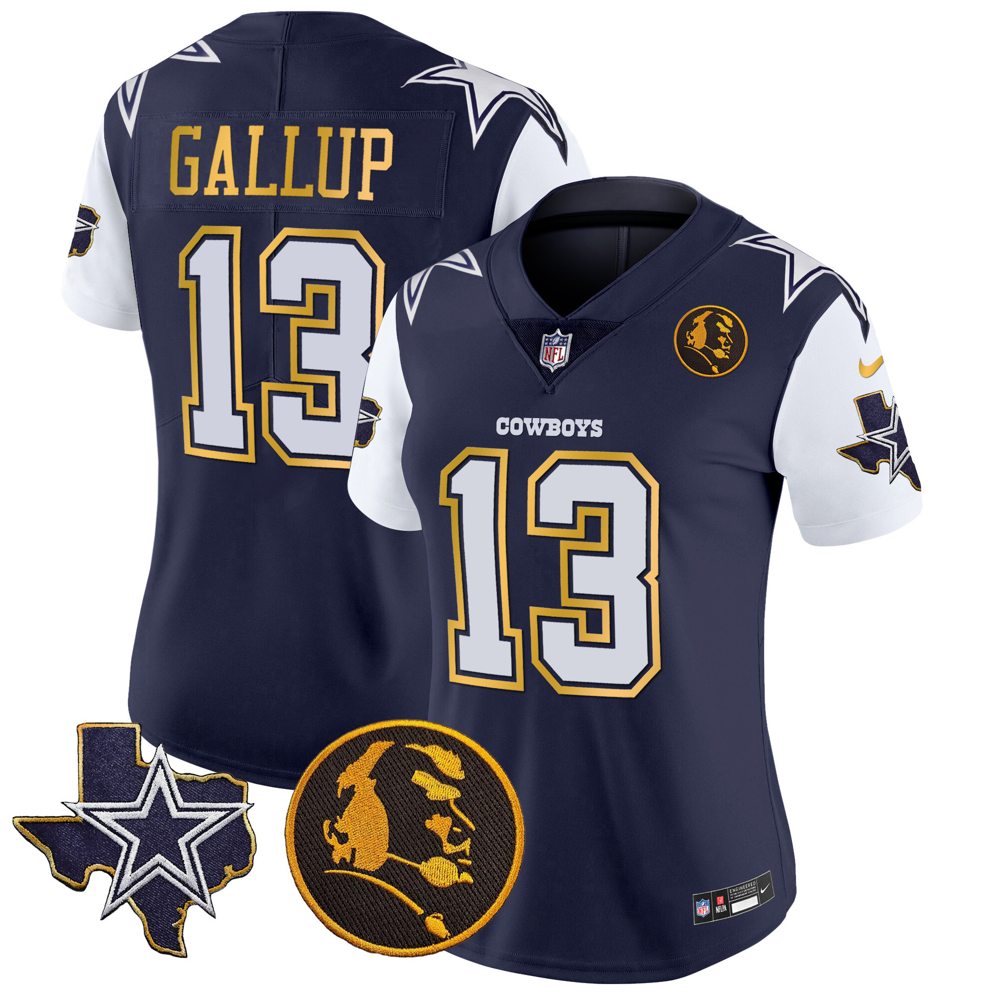 Michael Gallup Women's Dallas Cowboys Texas & John Madden Patch Gold Trim Vapor Navy Jersey - All Stitched