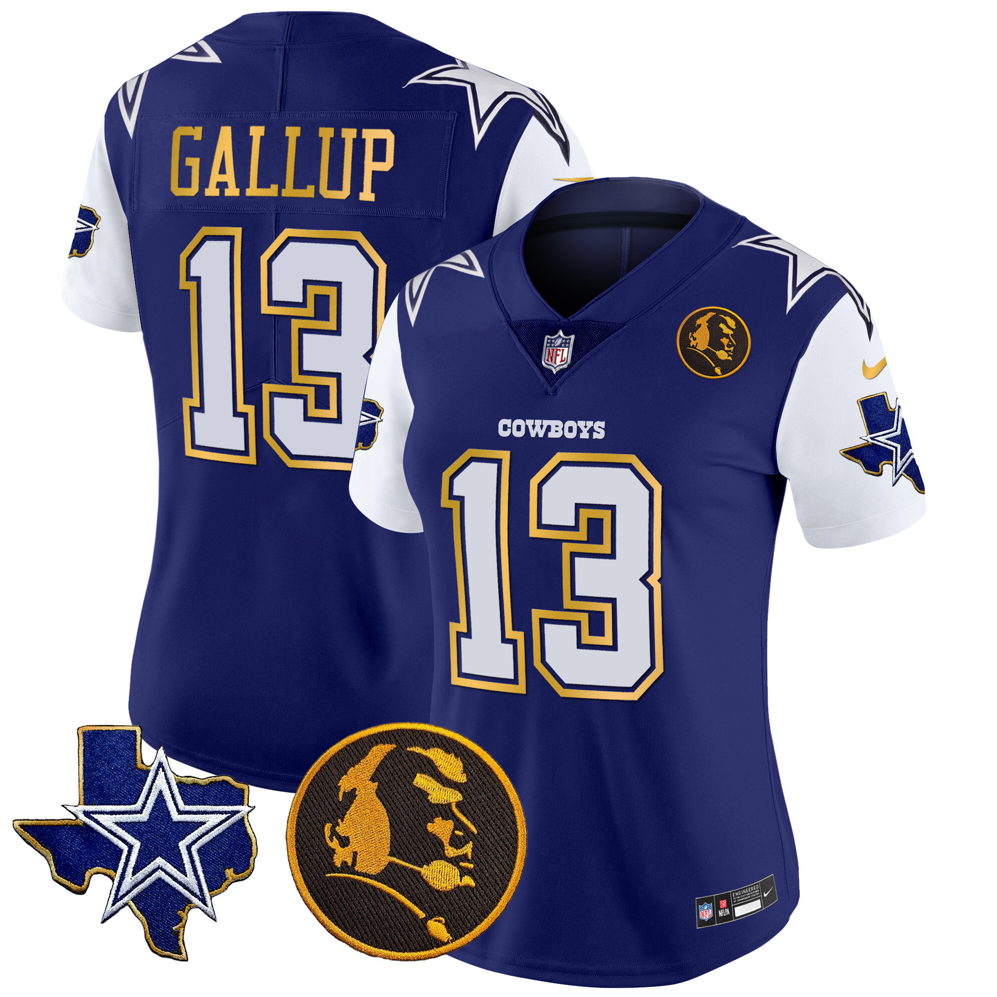 Michael Gallup Women's Dallas Cowboys Texas & John Madden Patch Gold Trim Vapor Royal Jersey - All Stitched