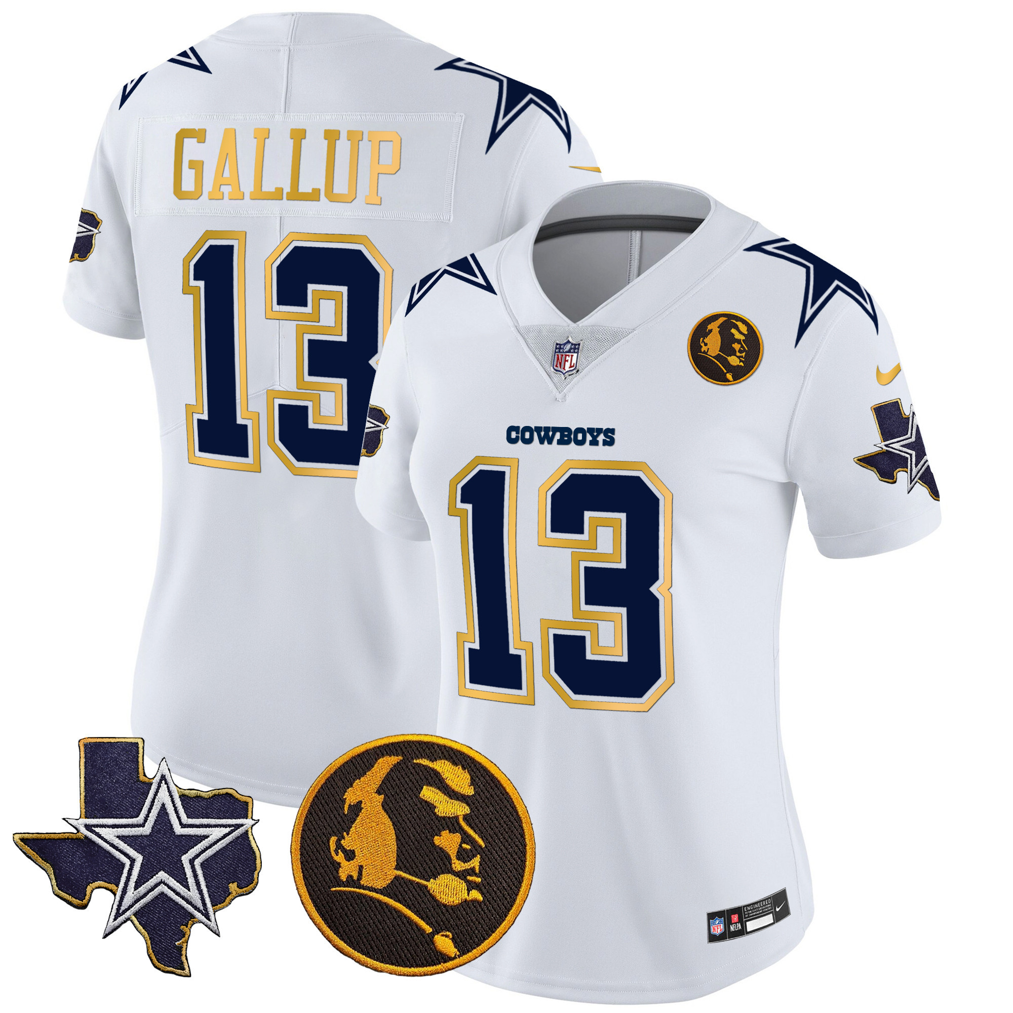 Michael Gallup Women's Dallas Cowboys Texas & John Madden Patch Gold Trim Vapor White Jersey - All Stitched