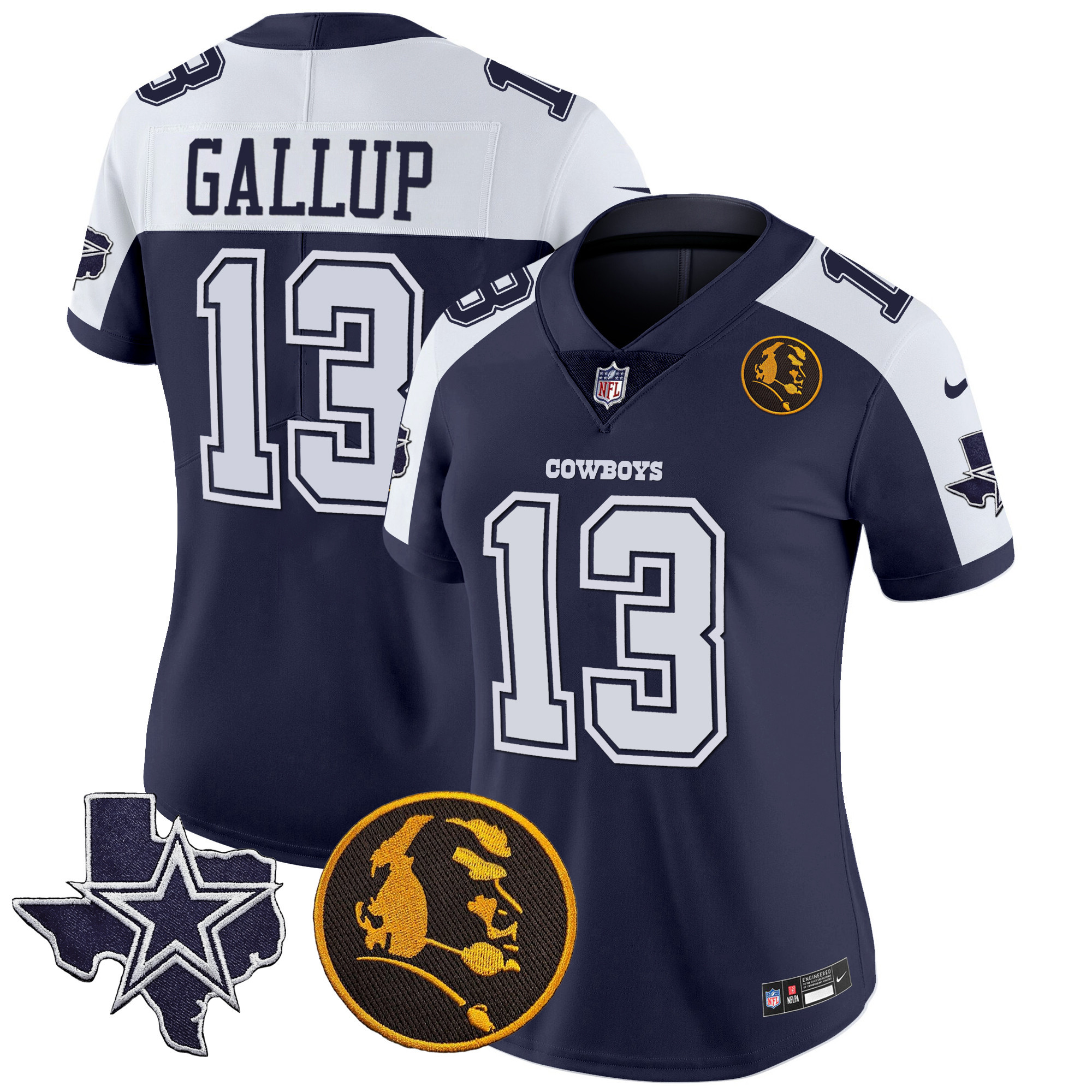 Michael Gallup Women's Dallas Cowboys Texas & John Madden Patch Vapor Alternate Navy Jersey - All Stitched