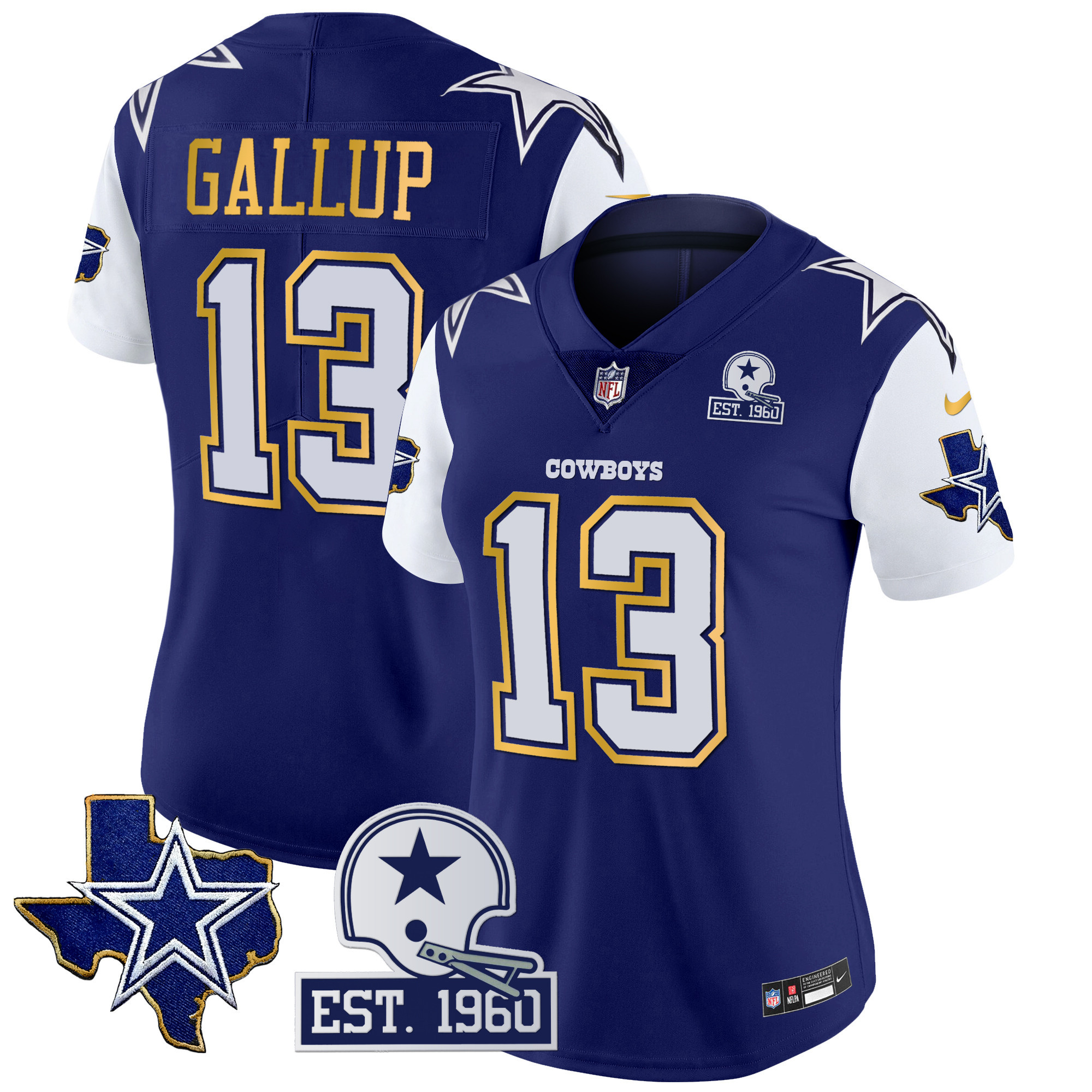 Michael Gallup Women's Dallas Cowboys Texas Patch Gold Trim Vapor Royal Jersey - All Stitched