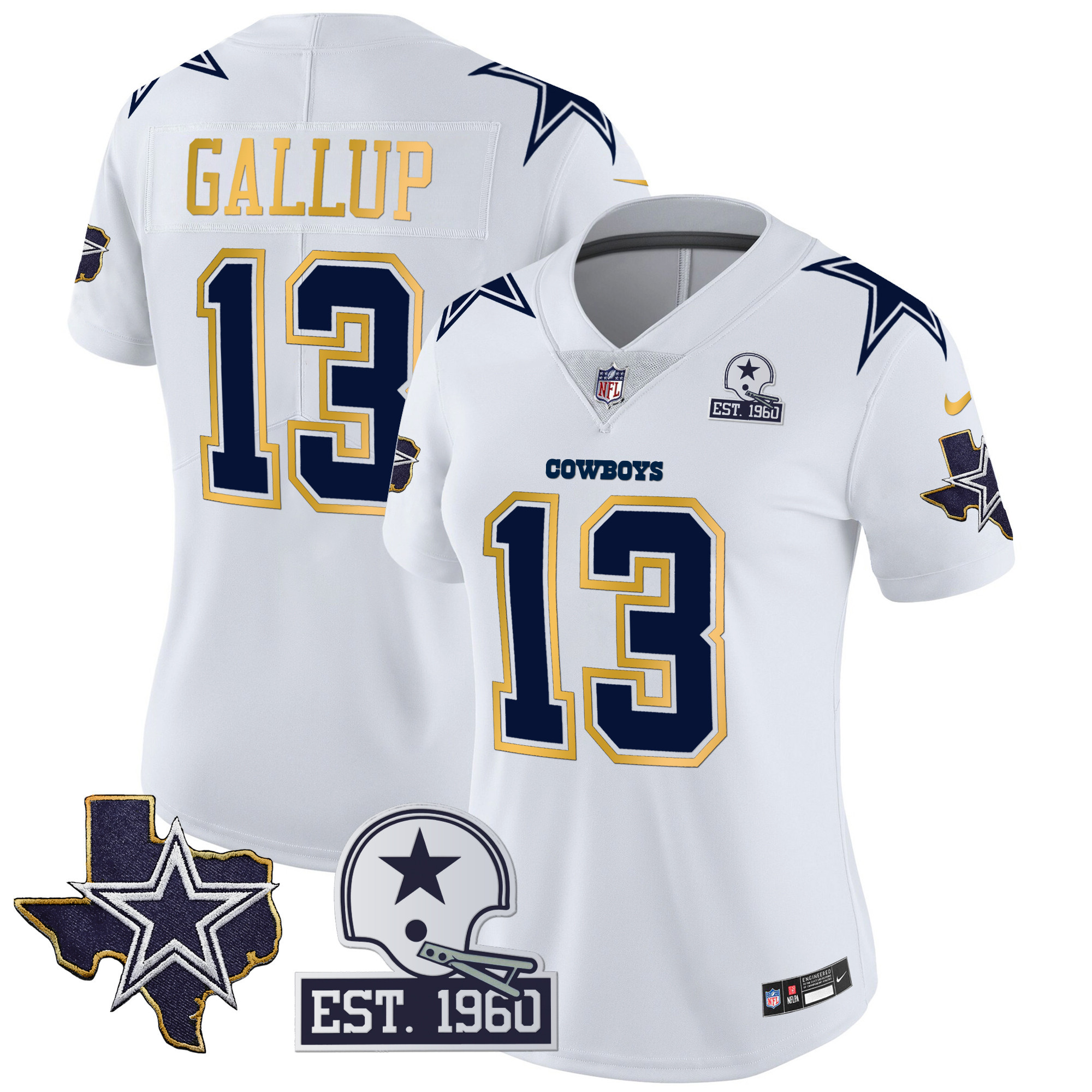 Michael Gallup Women's Dallas Cowboys Texas Patch Gold Trim Vapor White Jersey - All Stitched