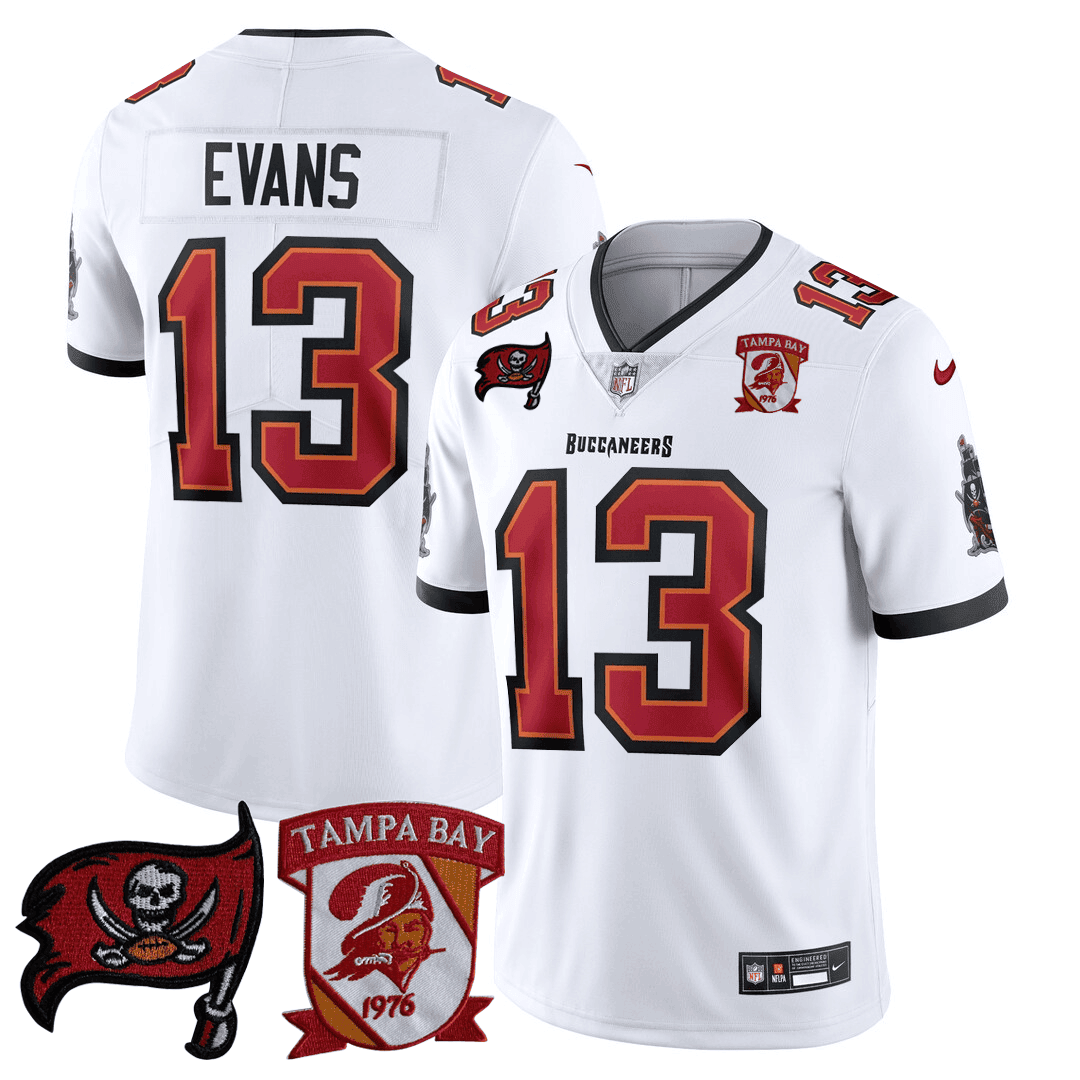 Mike Evans Men’s Tampa Bay Buccaneers Logo Patch White Jersey - All Stitched