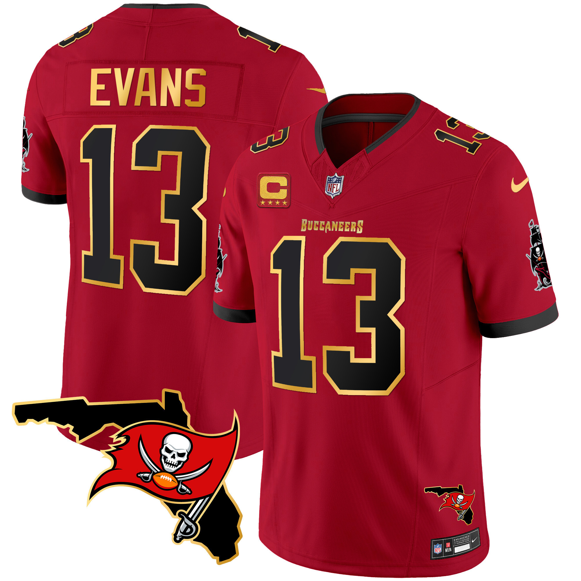 Mike Evans Men's Tampa Bay Buccaneers Florida Patch Gold Trim Vapor Red Jersey - All Stitched