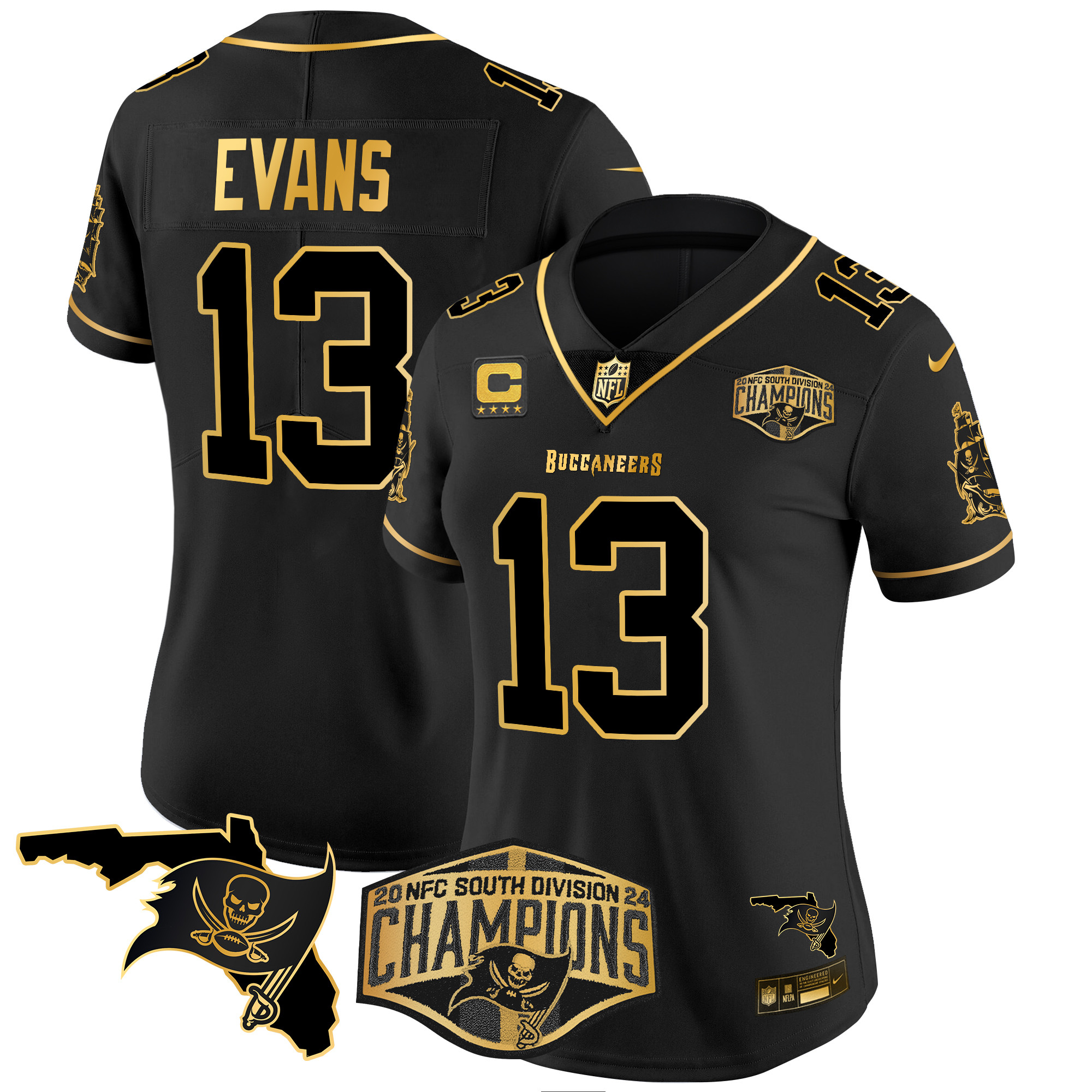 Mike Evans Women's Tampa Bay Buccaneers 2024 NFC South Division Champions Patch Gold Vapor Limited Black Gold Jersey - All Stitched