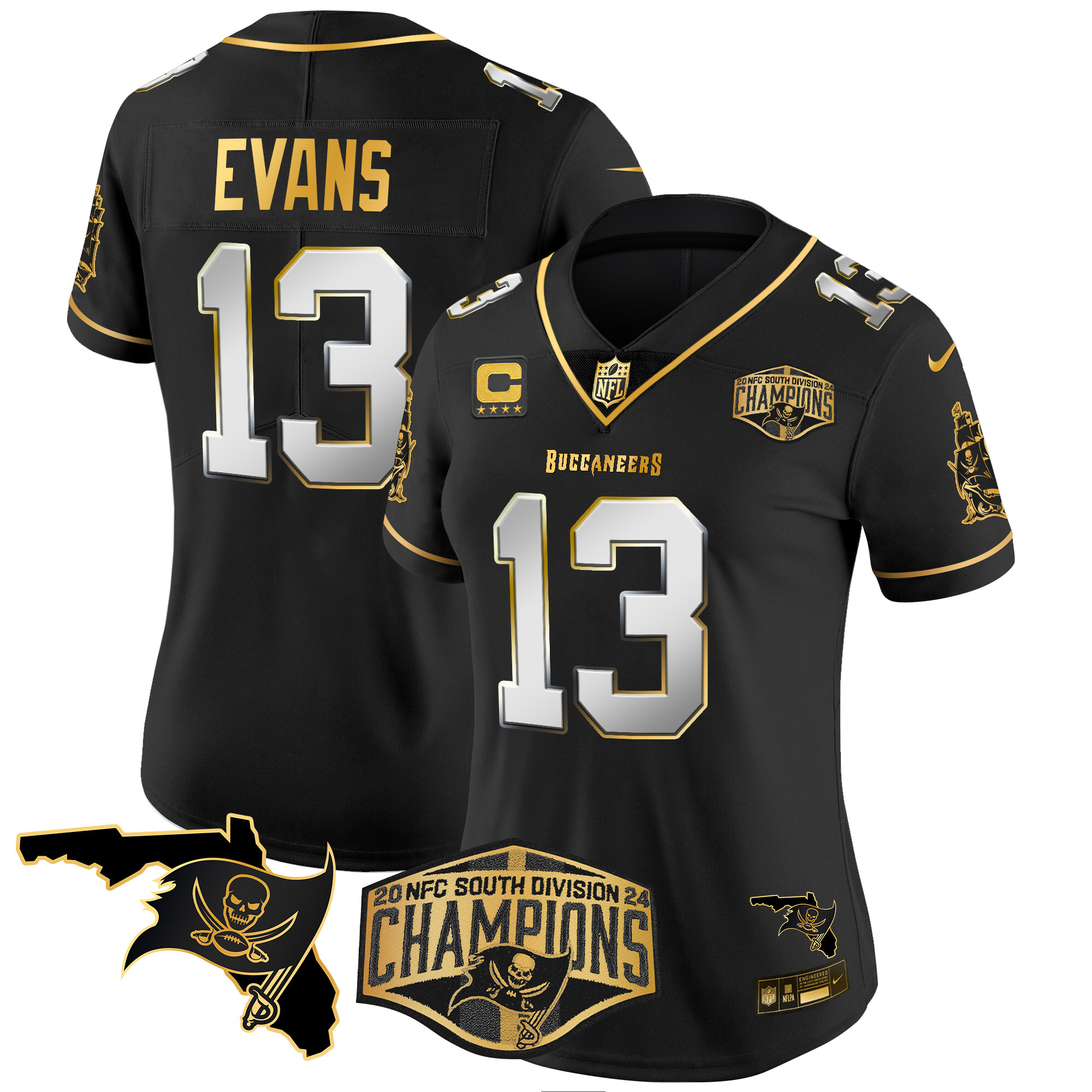 Mike Evans Women's Tampa Bay Buccaneers 2024 NFC South Division Champions Patch Gold Vapor Limited Black Limited Jersey - All Stitched