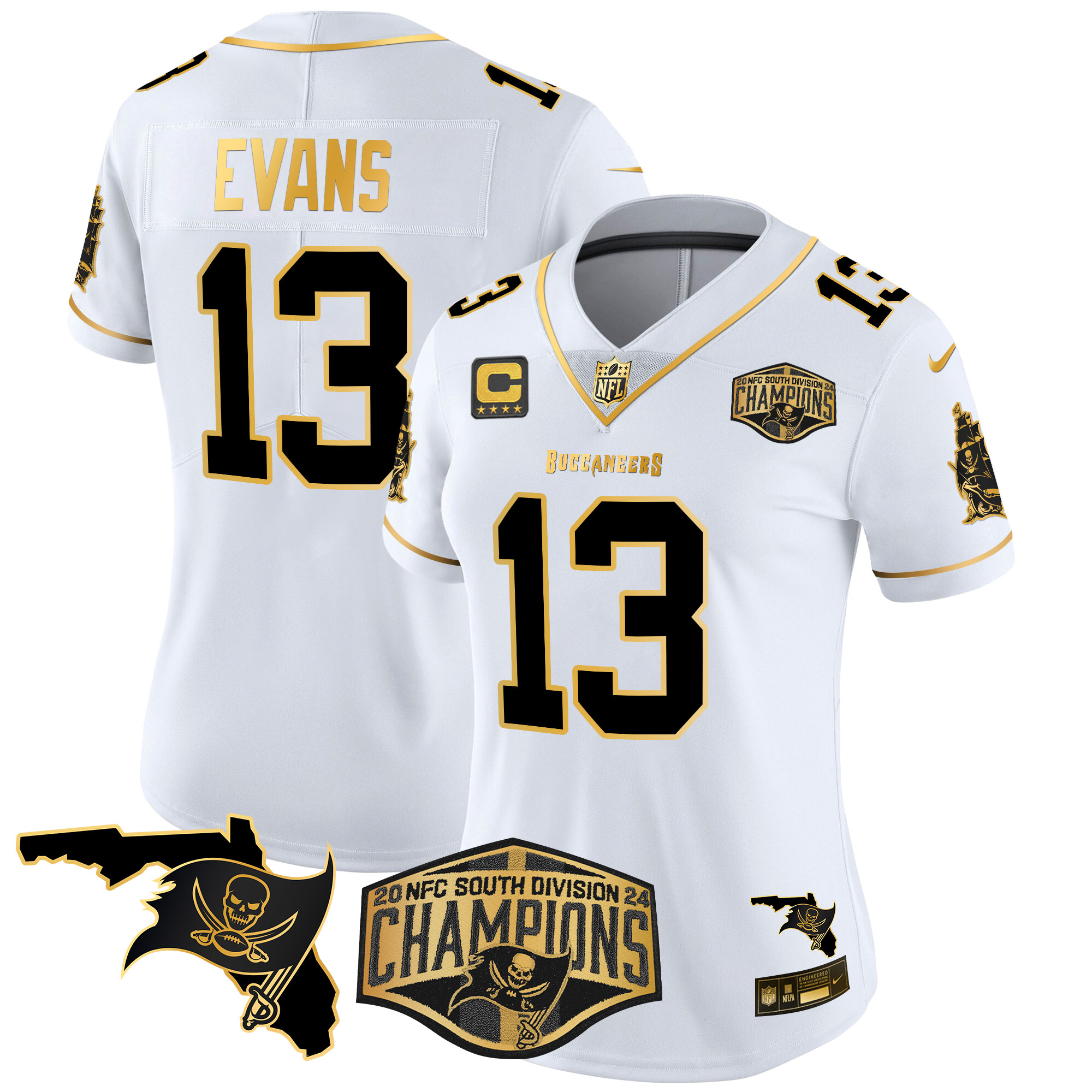 Mike Evans Women's Tampa Bay Buccaneers 2024 NFC South Division Champions Patch Gold Vapor Limited White Gold Jersey - All Stitched
