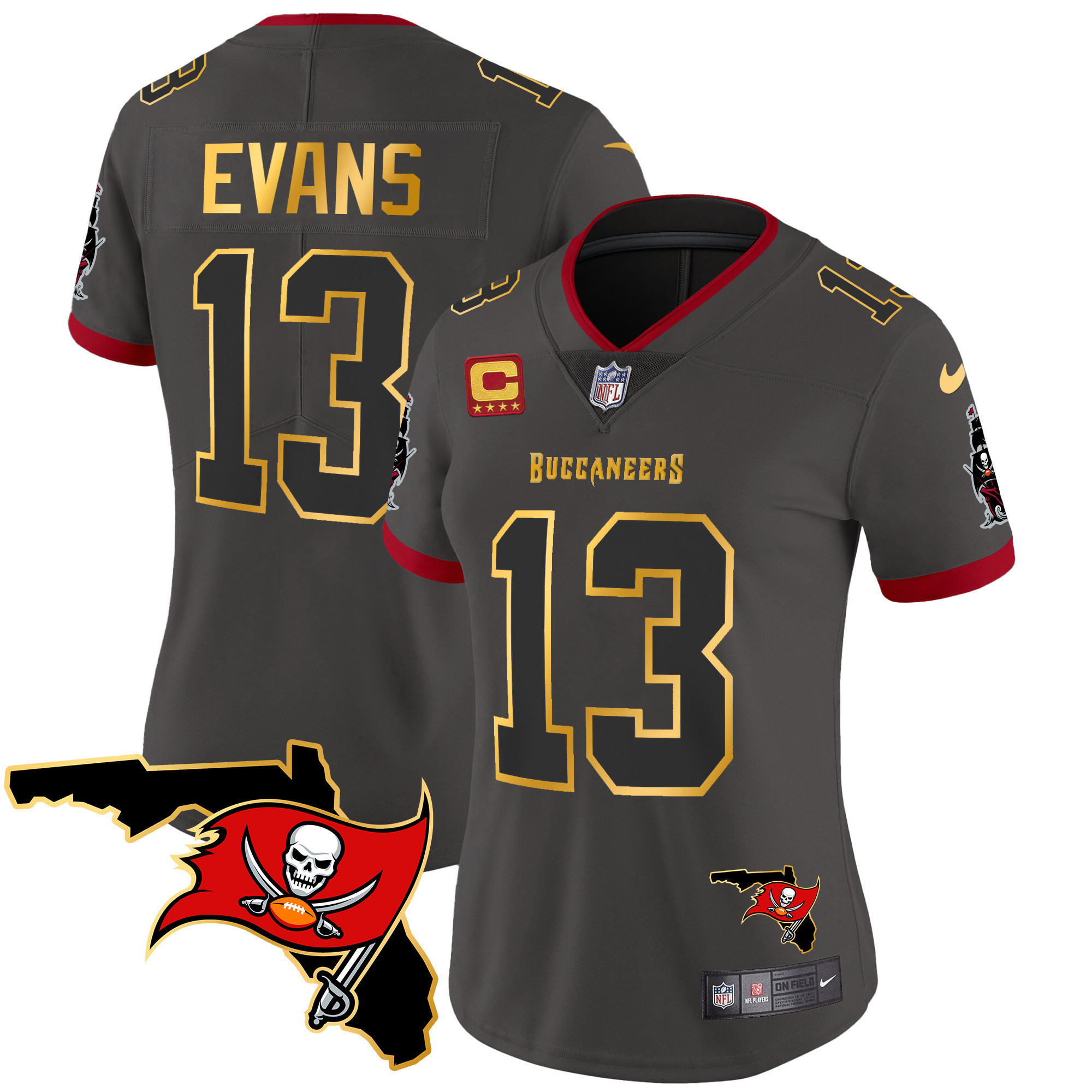 Mike Evans Women's Tampa Bay Buccaneers Florida Patch Gold Trim Vapor Pewter Jersey - All Stitched