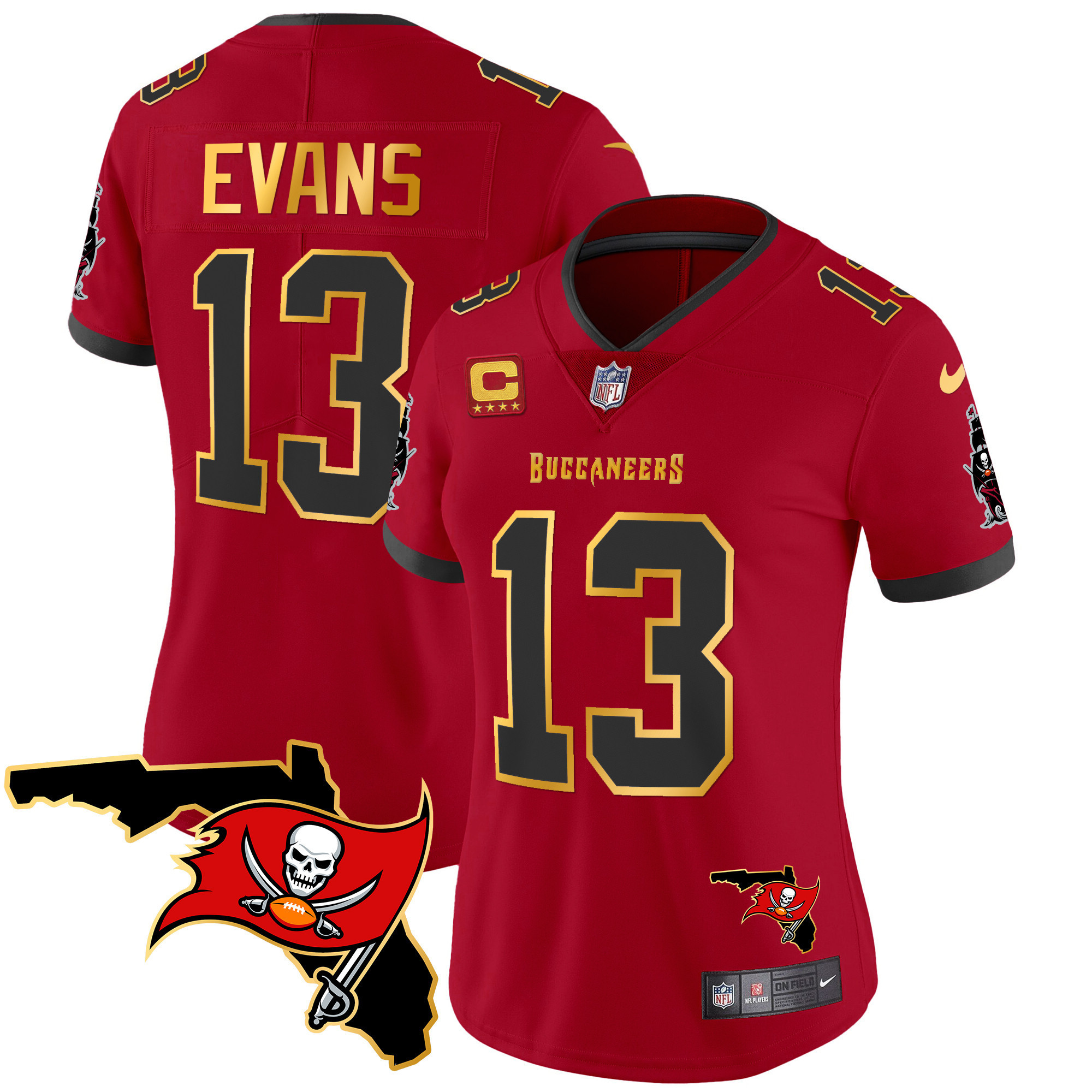 Mike Evans Women's Tampa Bay Buccaneers Florida Patch Gold Trim Vapor Red Jersey - All Stitched