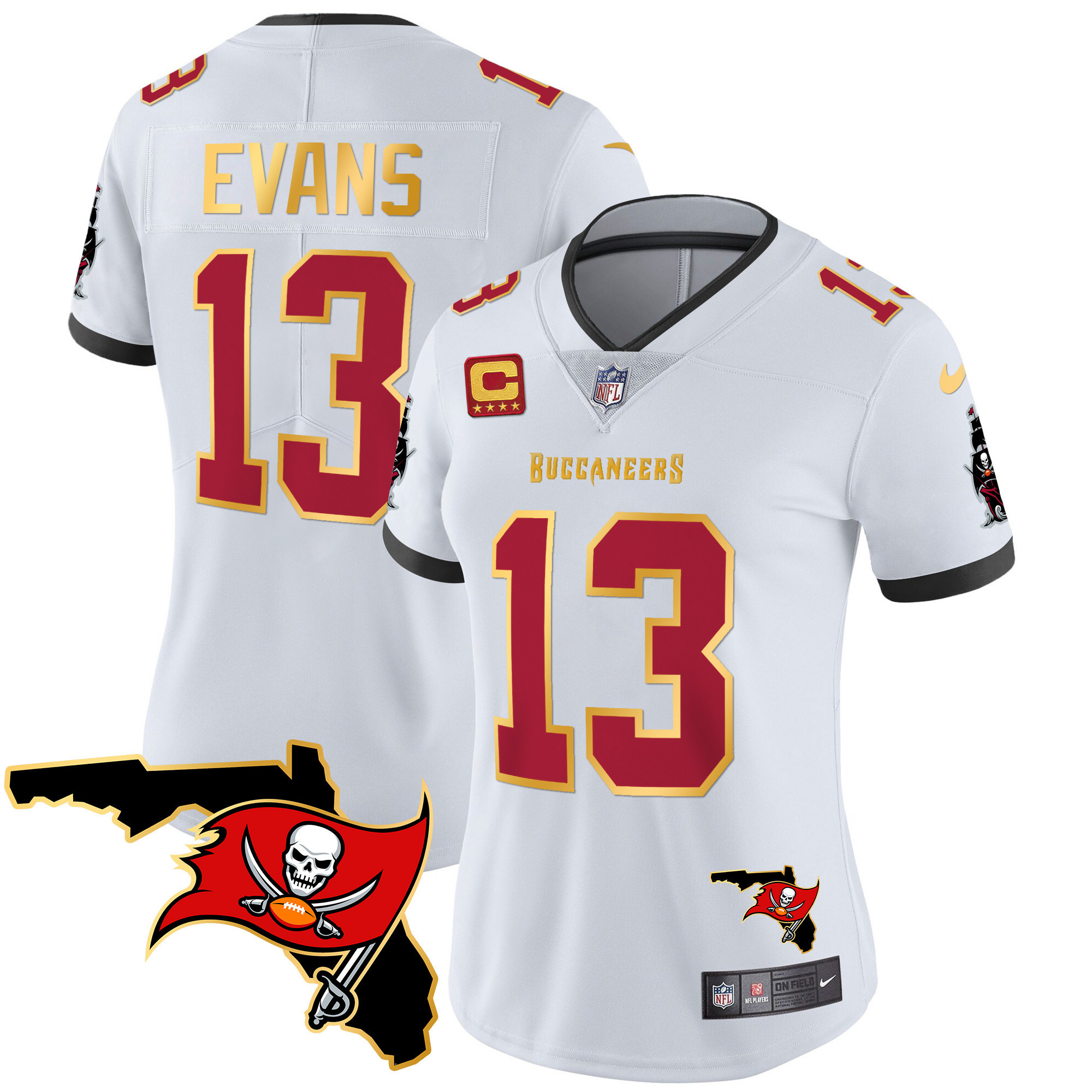 Mike Evans Women's Tampa Bay Buccaneers Florida Patch Gold Trim Vapor White Jersey - All Stitched