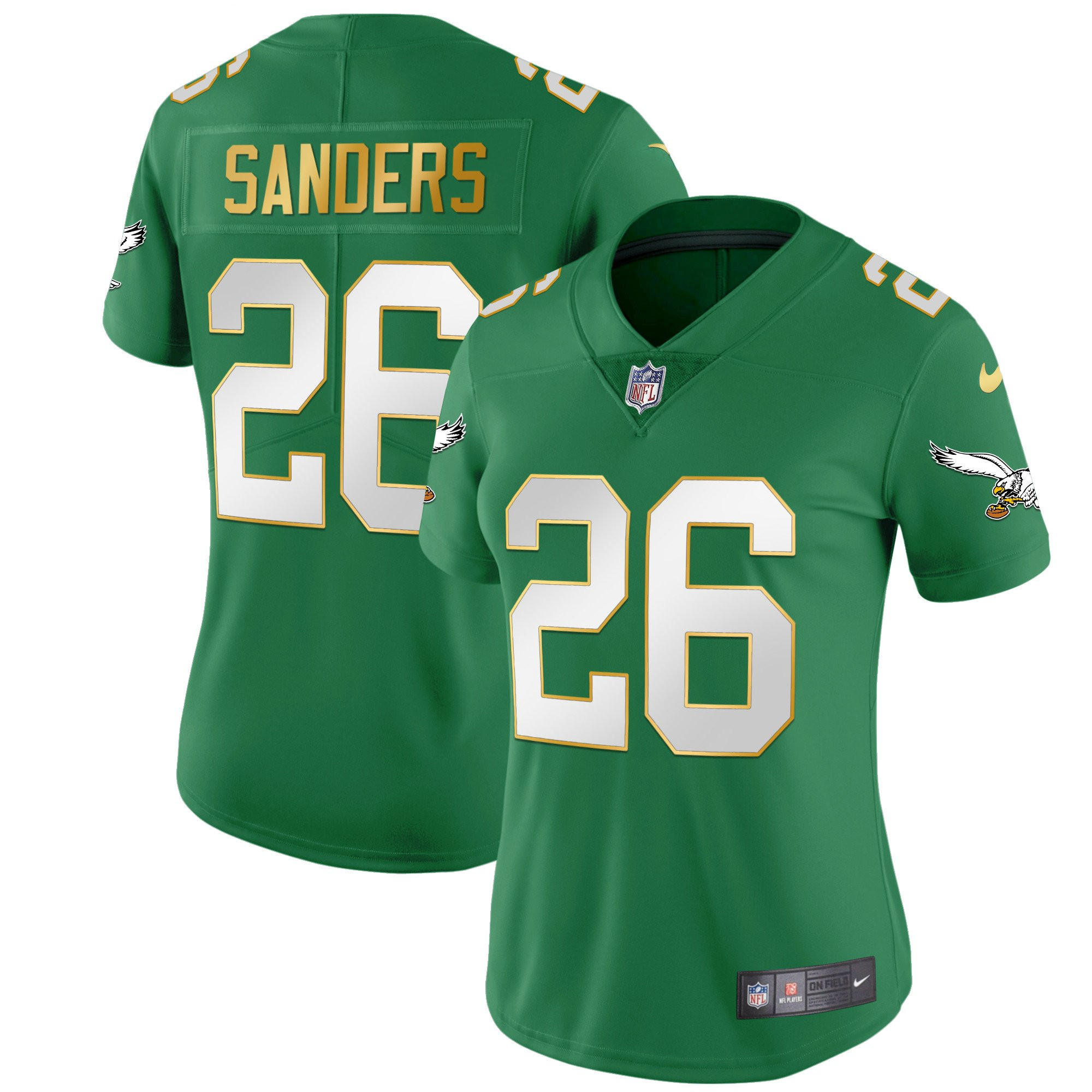 Miles Sanders Women's Philadelphia Eagles Kelly Green Gold Gold Trim Jersey - All Stitched