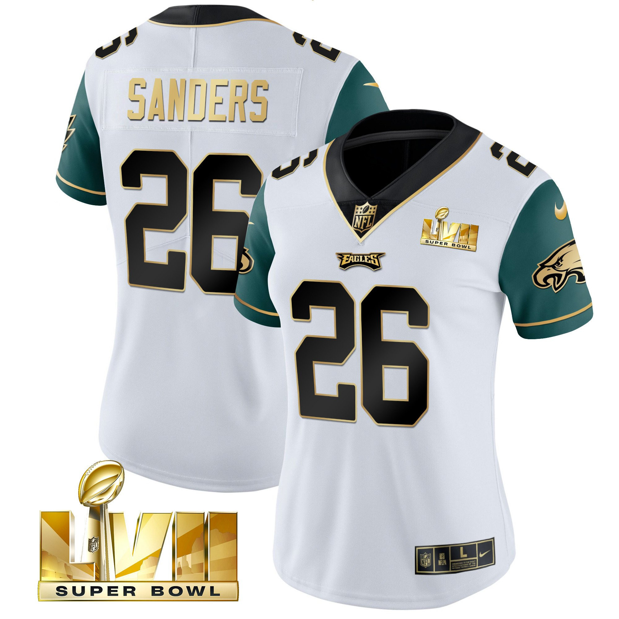 Miles Sanders Women's Philadelphia Eagles Super Bowl LVII Gold Vapor Midnight Green Sleeves Jersey - All Stitched