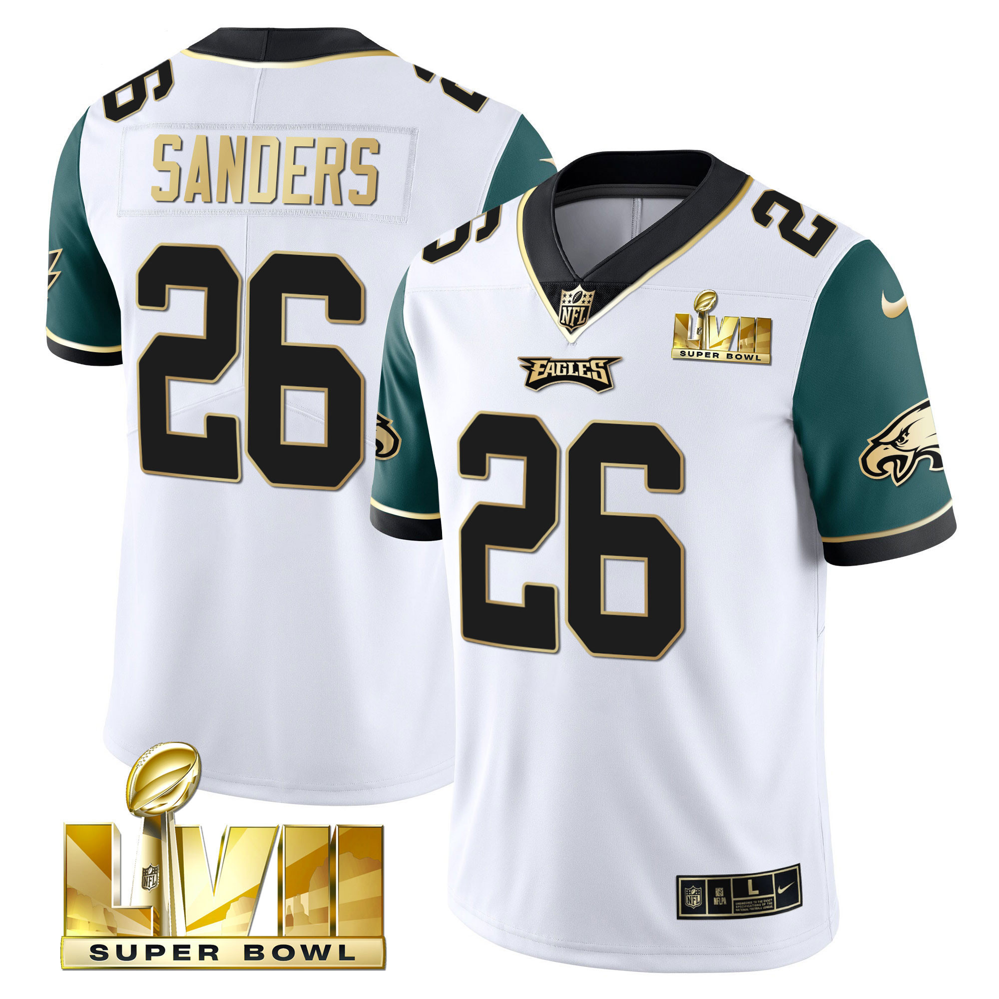 Miles Sanders Youth's Philadelphia Eagles Super Bowl Vapor Gold Midnight Green Sleeves Jersey - All Stitched