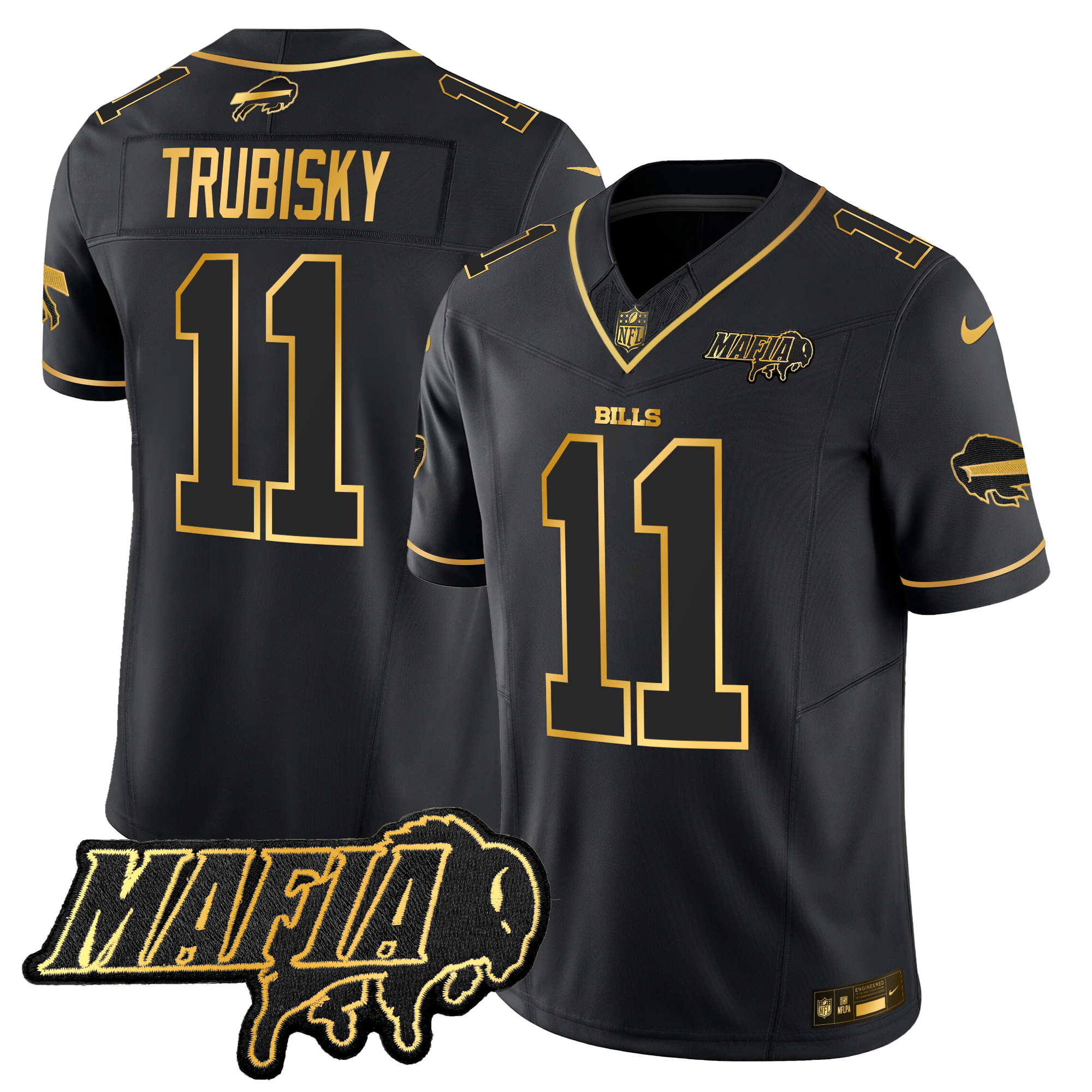 Mitchell Trubisky Men's Buffalo Bills 2024 Buffalo Bills Mafia Patch Gold Vapor Limited Black Gold Jersey - All Stitched
