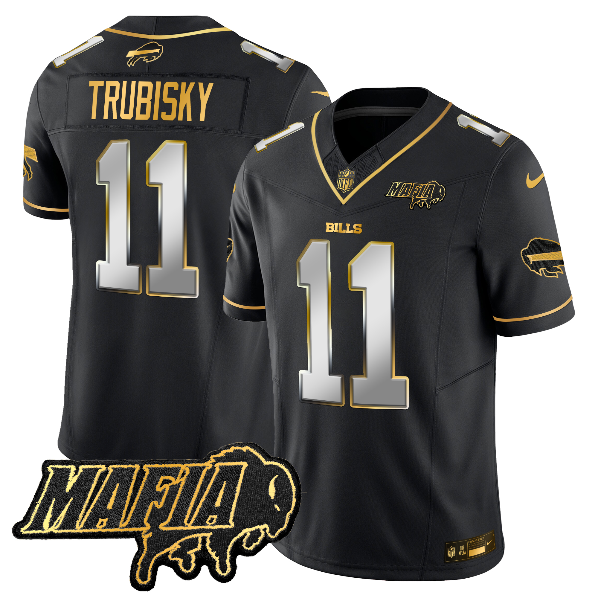 Mitchell Trubisky Men's Buffalo Bills 2024 Buffalo Bills Mafia Patch Gold Vapor Limited Black Limited Jersey - All Stitched