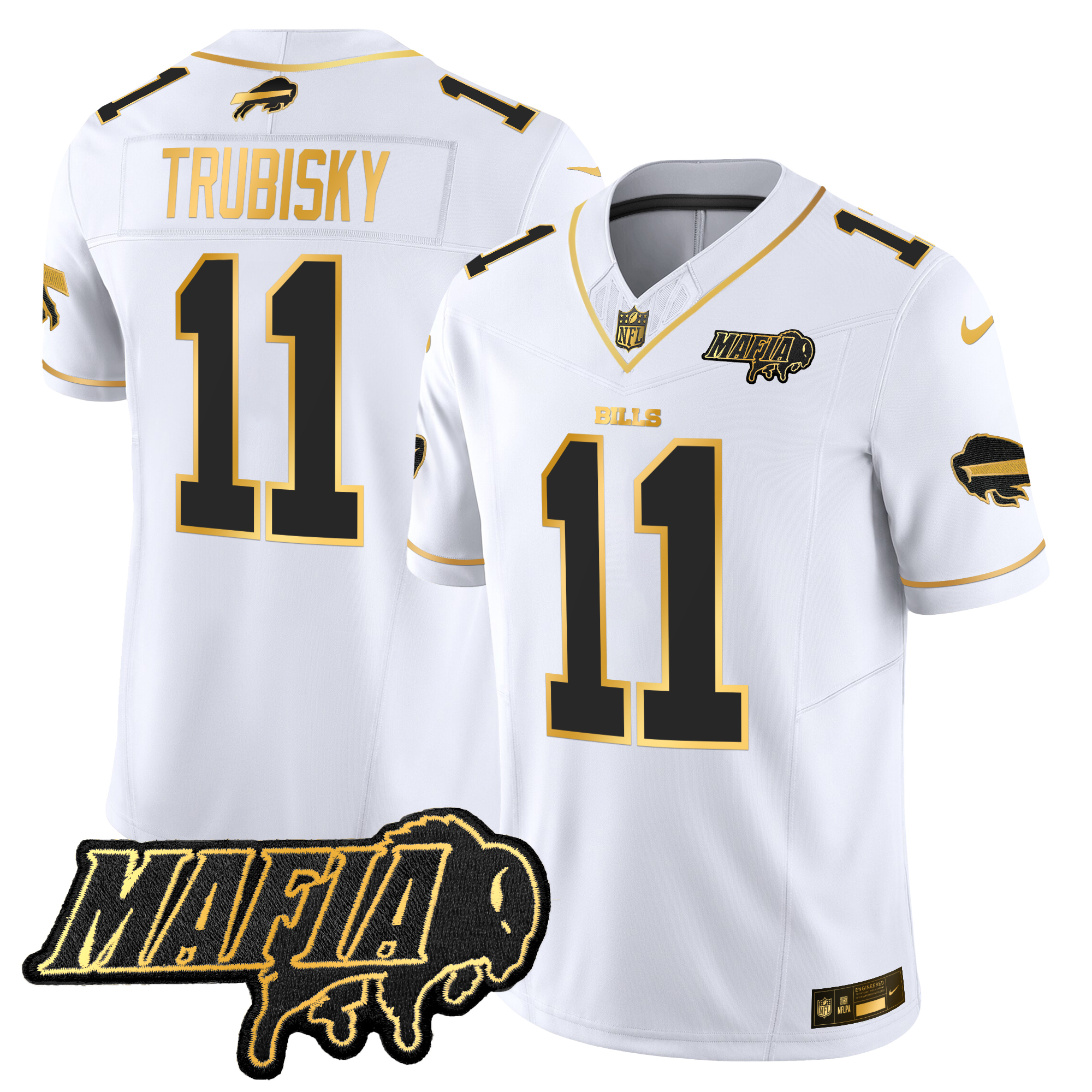 Mitchell Trubisky Men's Buffalo Bills 2024 Buffalo Bills Mafia Patch Gold Vapor Limited White Gold Jersey - All Stitched