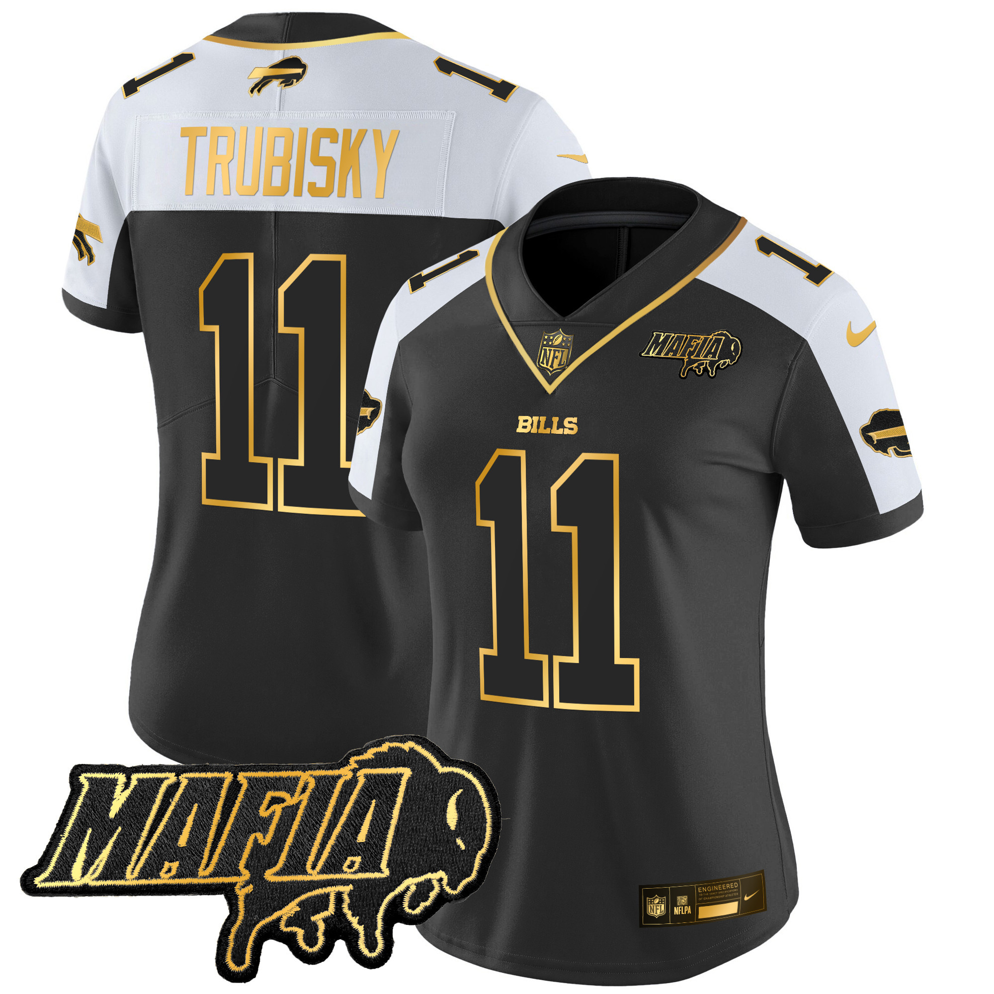 Mitchell Trubisky Women's Buffalo Bills 2024 Buffalo Bills Mafia Patch Gold Vapor Limited Alternate Jersey - All Stitched