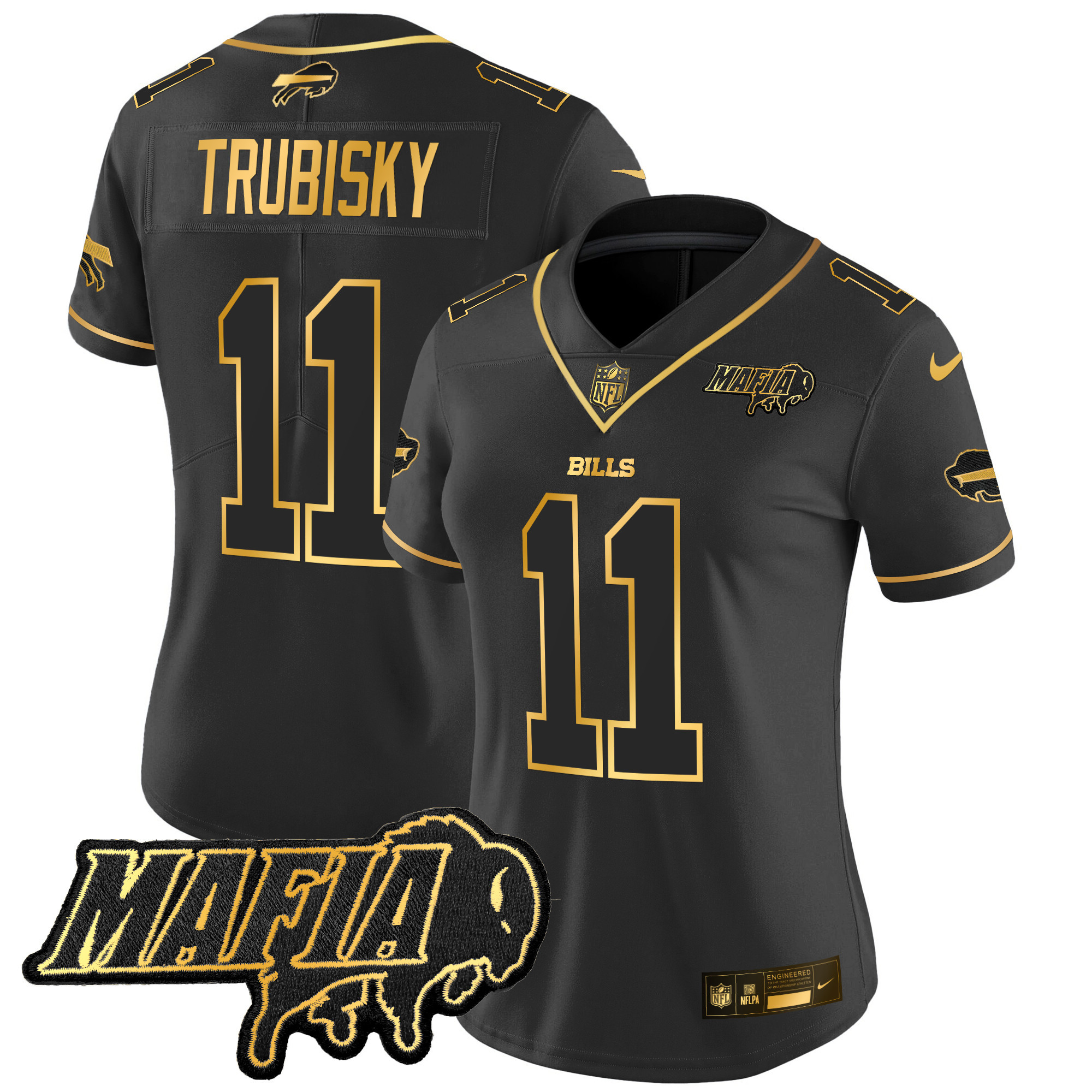 Mitchell Trubisky Women's Buffalo Bills 2024 Buffalo Bills Mafia Patch Gold Vapor Limited Black Gold Jersey - All Stitched