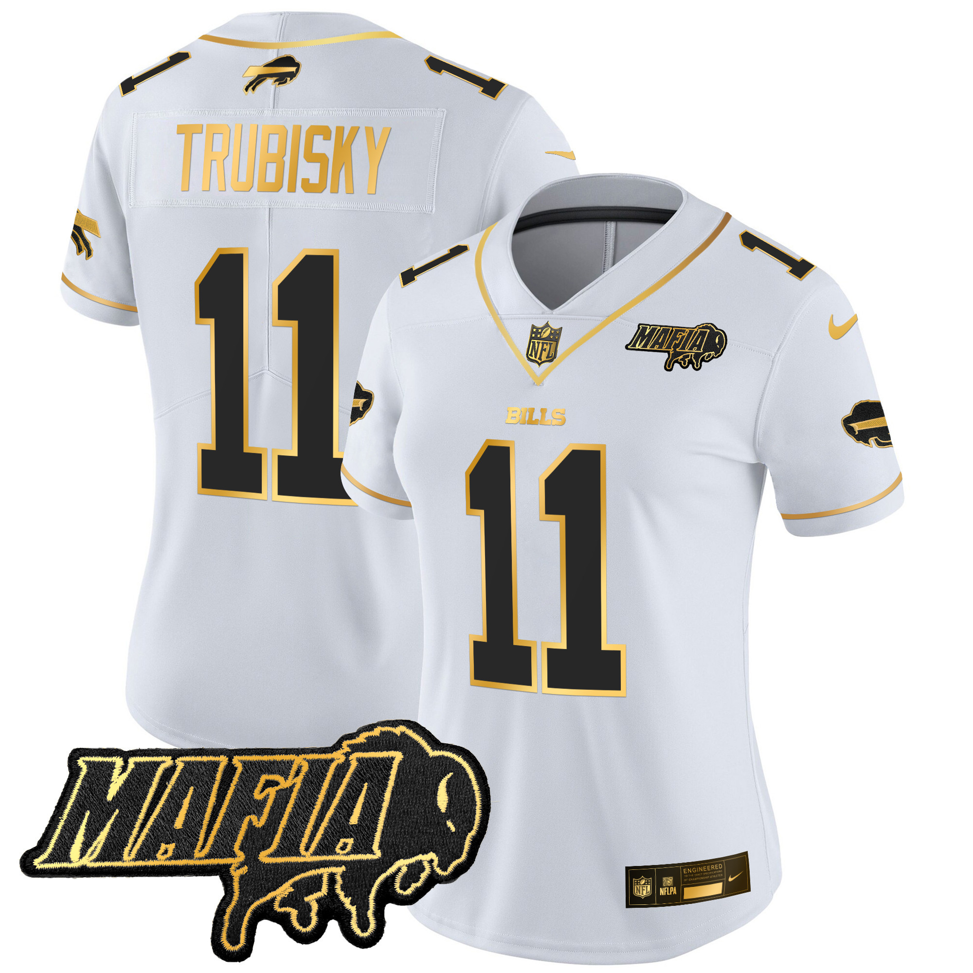 Mitchell Trubisky Women's Buffalo Bills 2024 Buffalo Bills Mafia Patch Gold Vapor Limited White Gold Jersey - All Stitched