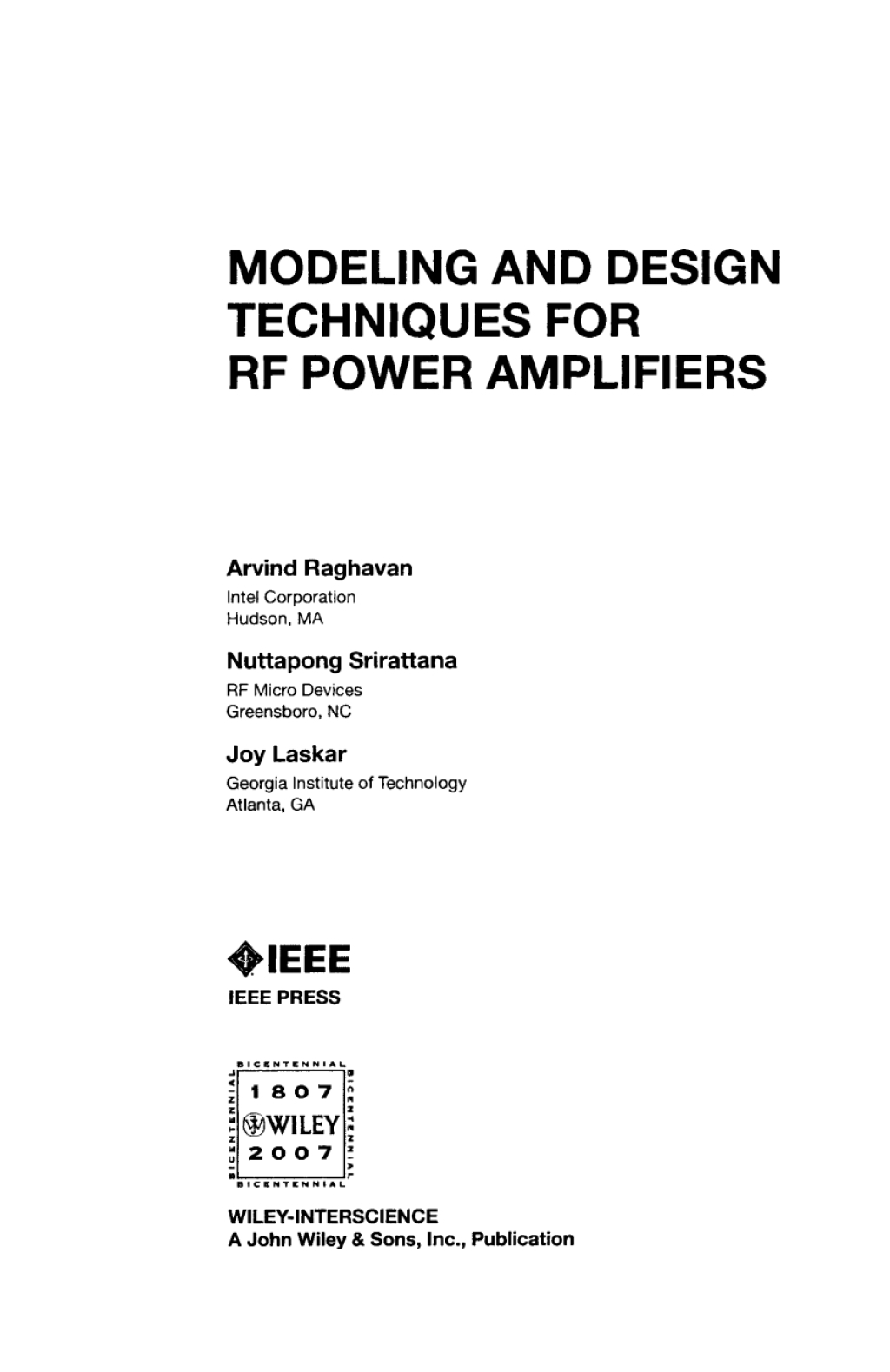 Modeling and Design Techniques for RF Power Amplifiers 1st Edition â€“ PDF/EPUB Version Downloadable