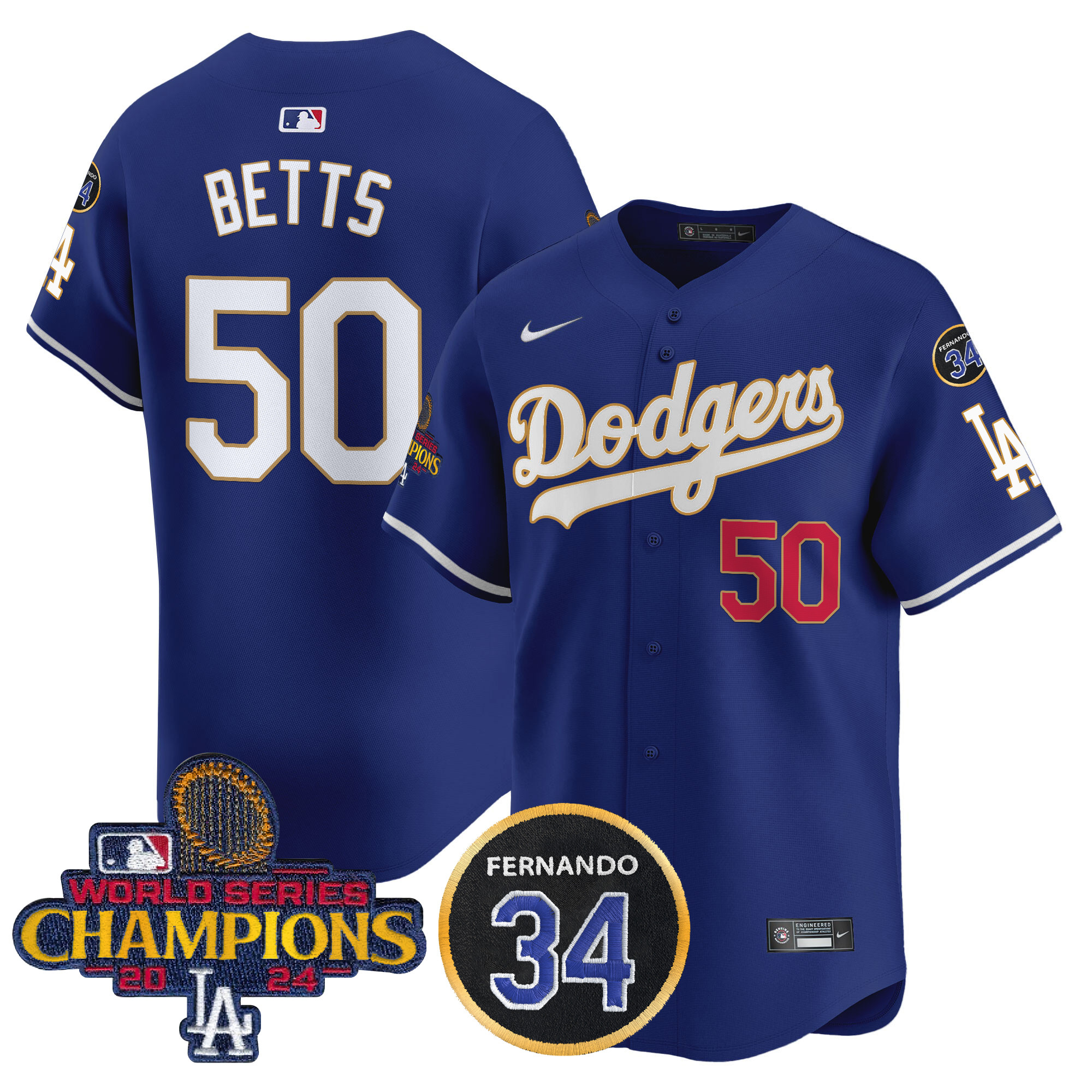 Mookie Betts Men's Los Angeles Dodgers 2024 World Series Champions Gold Trim Vapor Premier Limited Royal Jersey V2 - All Stitched