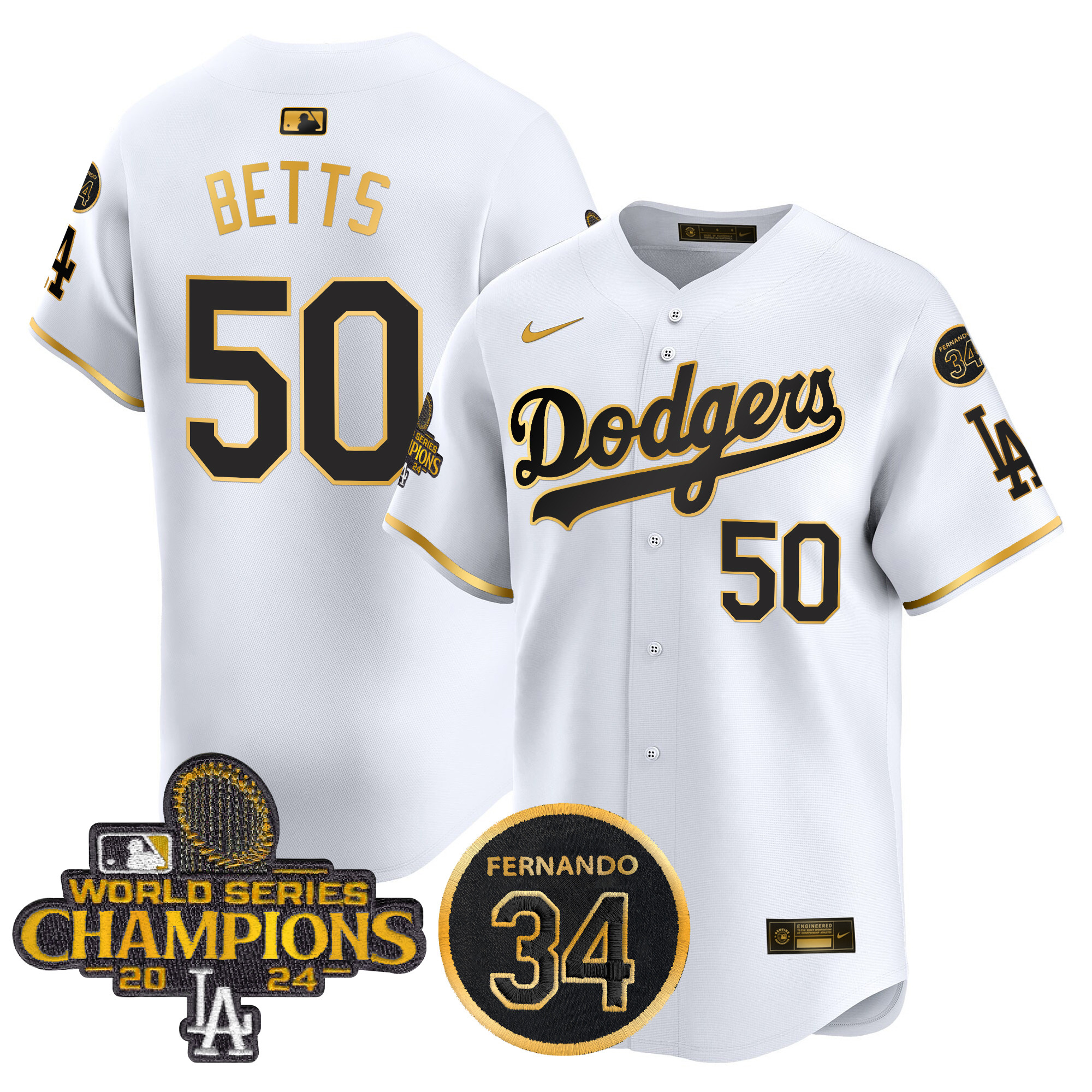 Mookie Betts Men's Los Angeles Dodgers 2024 World Series Champions Gold Trim Vapor Premier Limited White Gold Jersey V2 - All Stitched