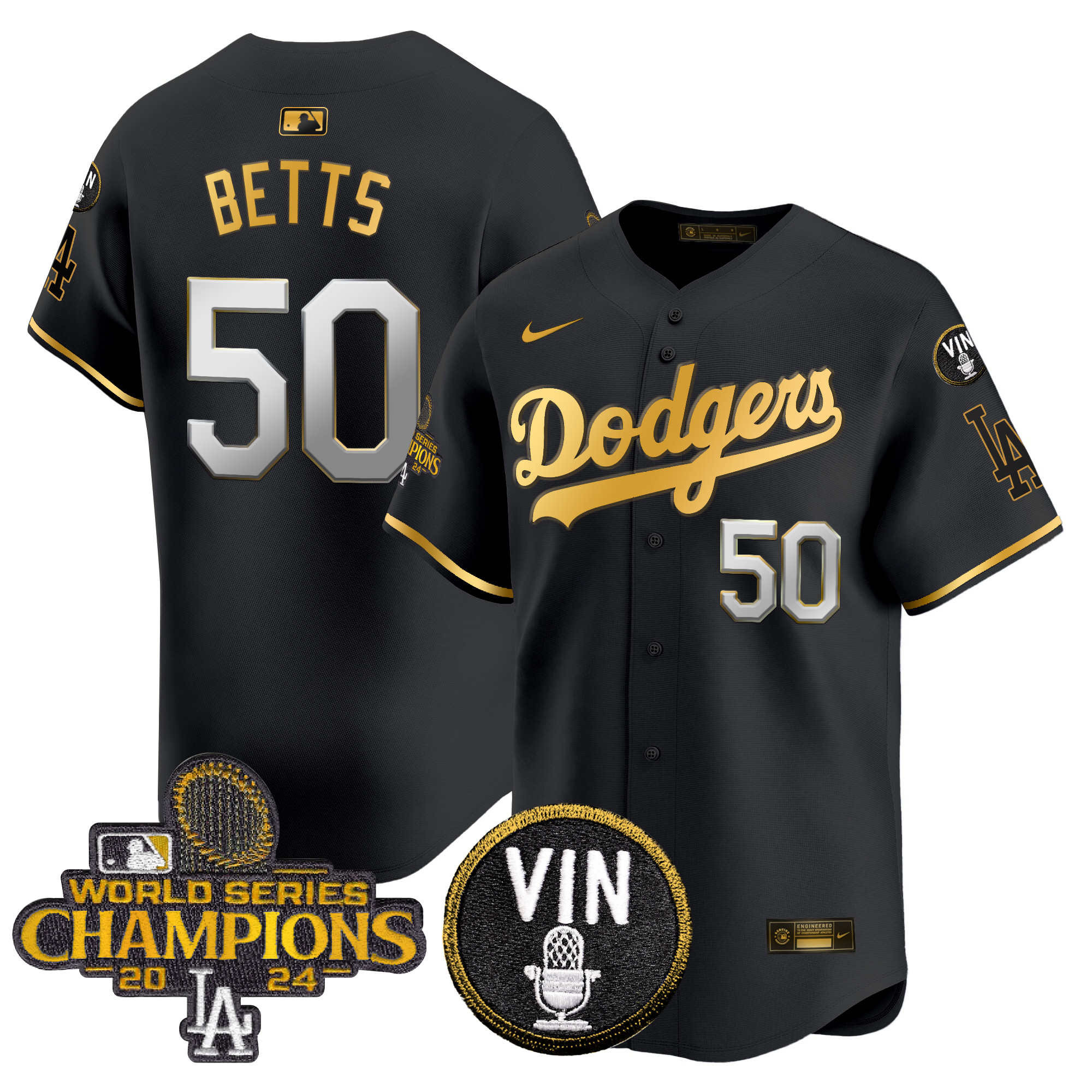 Mookie Betts Men's Los Angeles Dodgers 2024 World Series Champions Patch Vapor Premier Limited Black Gold Jersey V3 - All Stitched