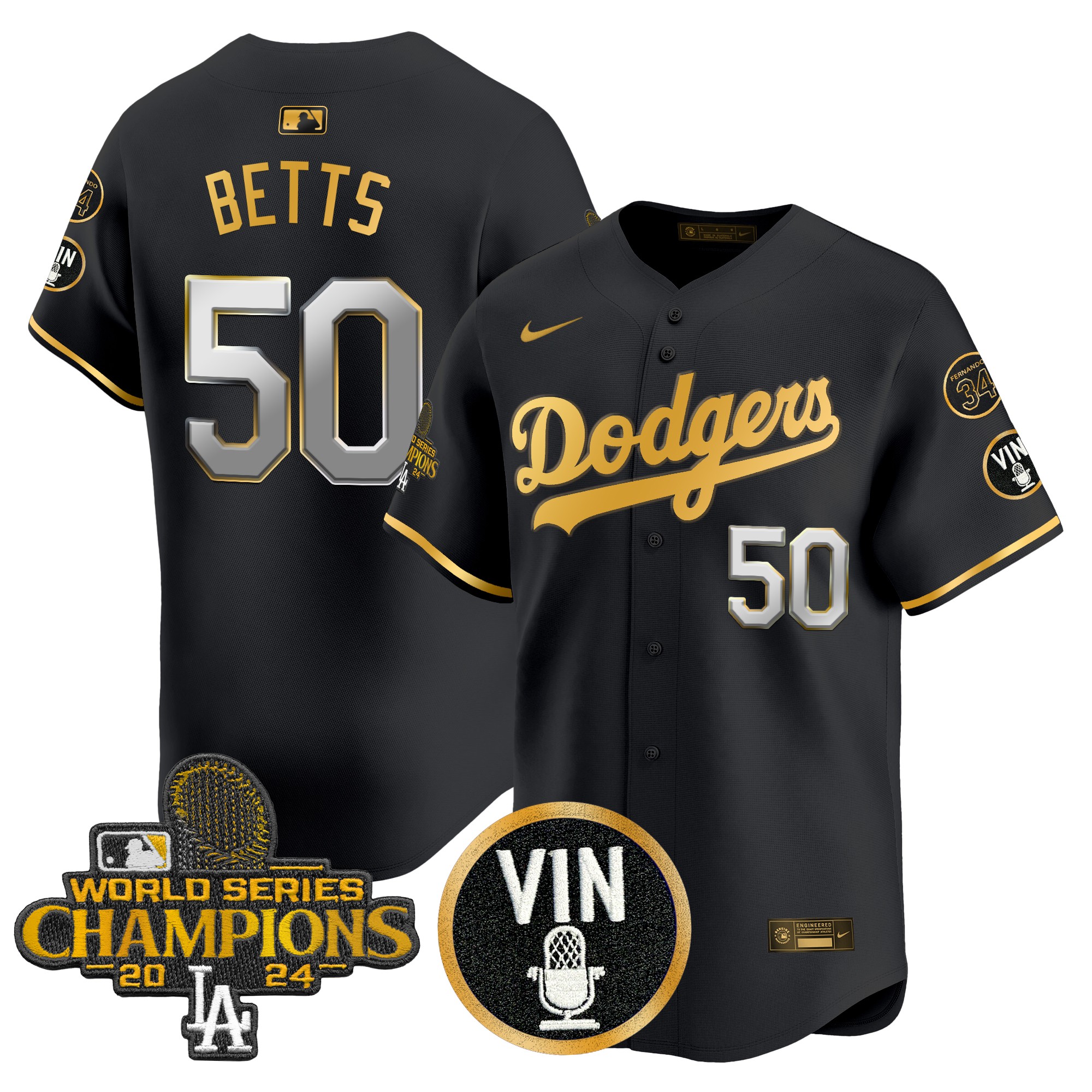 Mookie Betts Men's Los Angeles Dodgers 2025 Vin Scully & #34 Fernando Patch Gold Vapor Premier Limited Black Gold Jersey - All Stitched