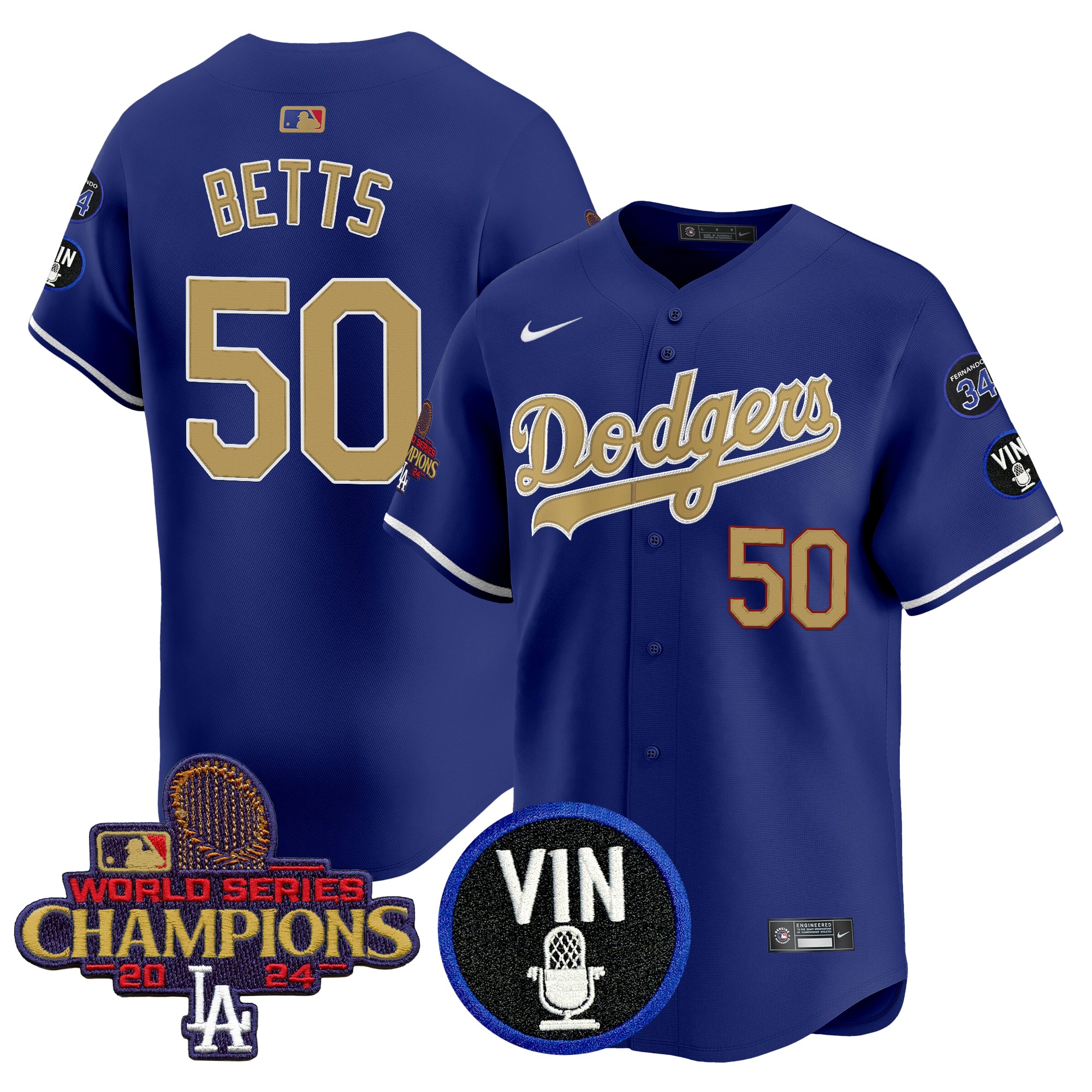 Mookie Betts Men's Los Angeles Dodgers 2025 Vin Scully & #34 Fernando Patch Gold Vapor Premier Limited Royal Jersey - All Stitched