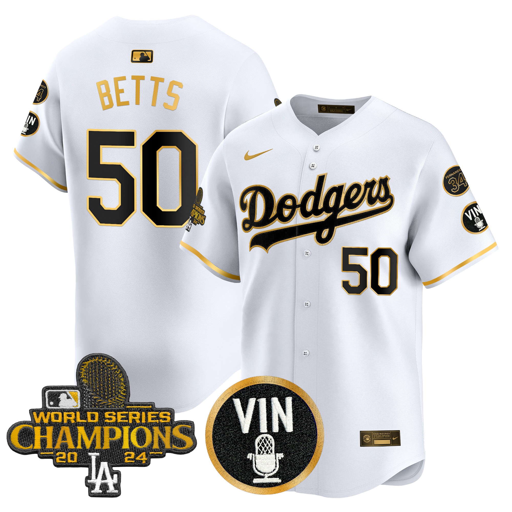 Mookie Betts Men's Los Angeles Dodgers 2025 Vin Scully & #34 Fernando Patch Gold Vapor Premier Limited White Gold Jersey - All Stitched