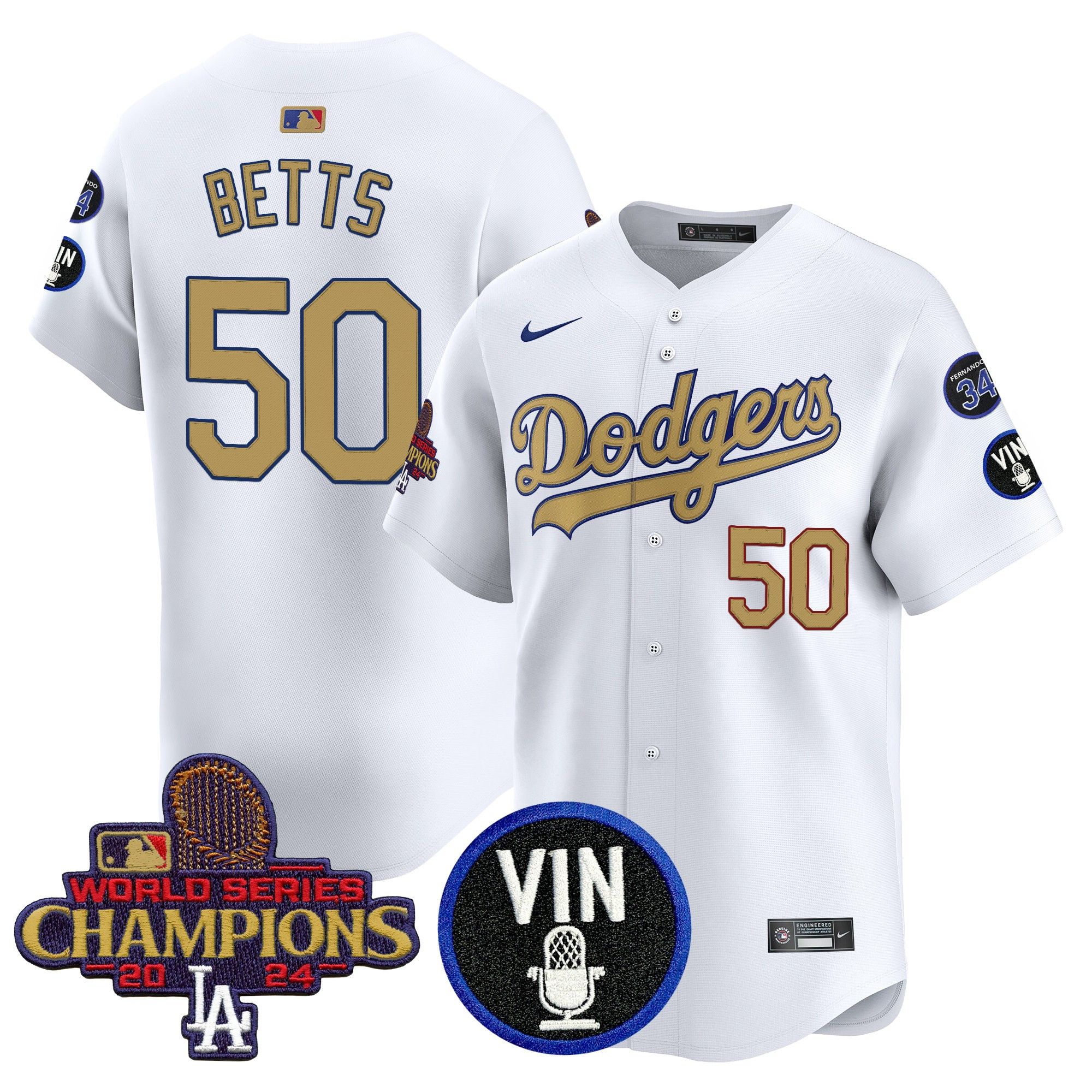 Mookie Betts Men's Los Angeles Dodgers 2025 Vin Scully & #34 Fernando Patch Gold Vapor Premier Limited White Jersey - All Stitched