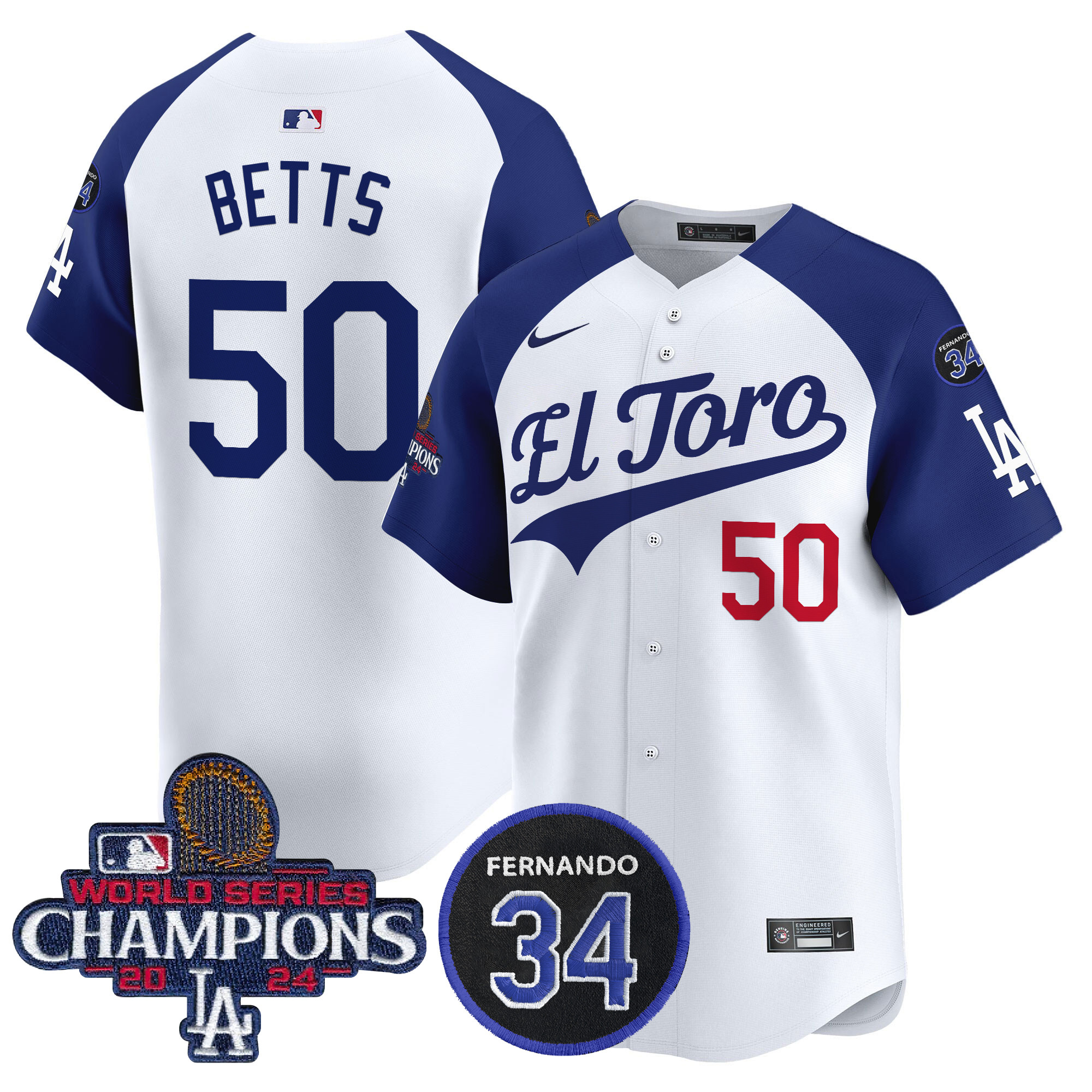Mookie Betts Men's Los Angeles Dodgers El Toro 2024 World Series Champions Patch Vapor Premier Limited Alternate White Jersey - All Stitched