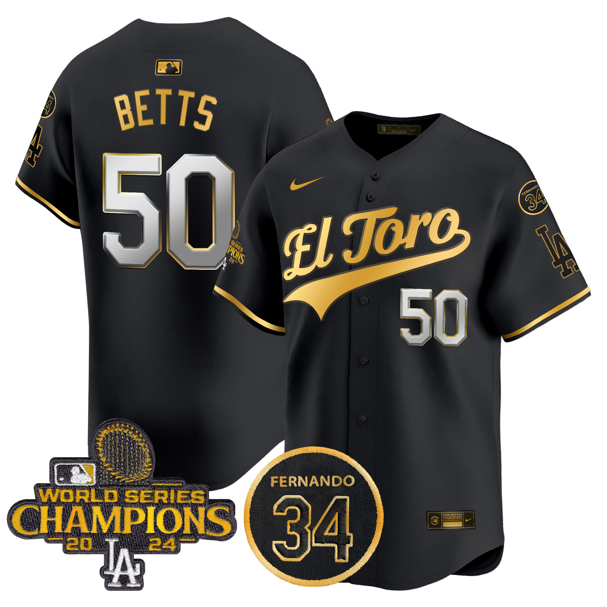 Mookie Betts Men's Los Angeles Dodgers El Toro 2024 World Series Champions Patch Vapor Premier Limited Black Gold Jersey - All Stitched