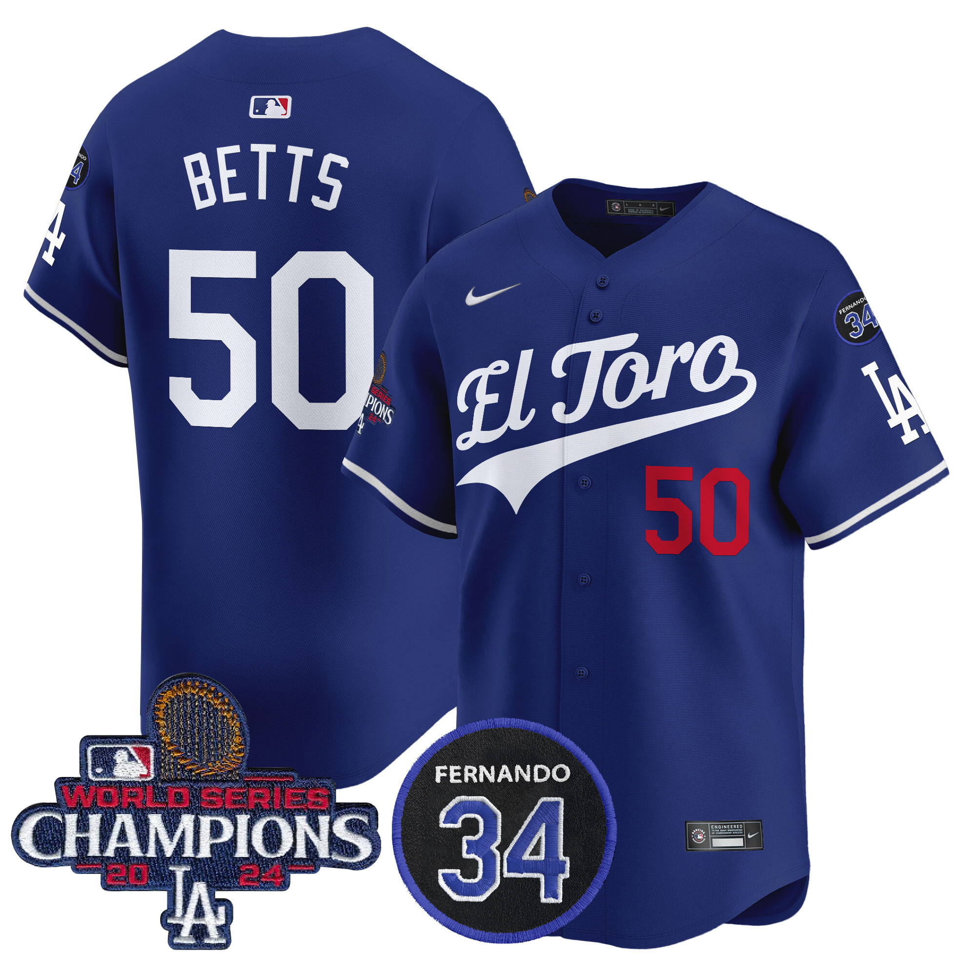Mookie Betts Men's Los Angeles Dodgers El Toro 2024 World Series Champions Patch Vapor Premier Limited Royal Jersey - All Stitched