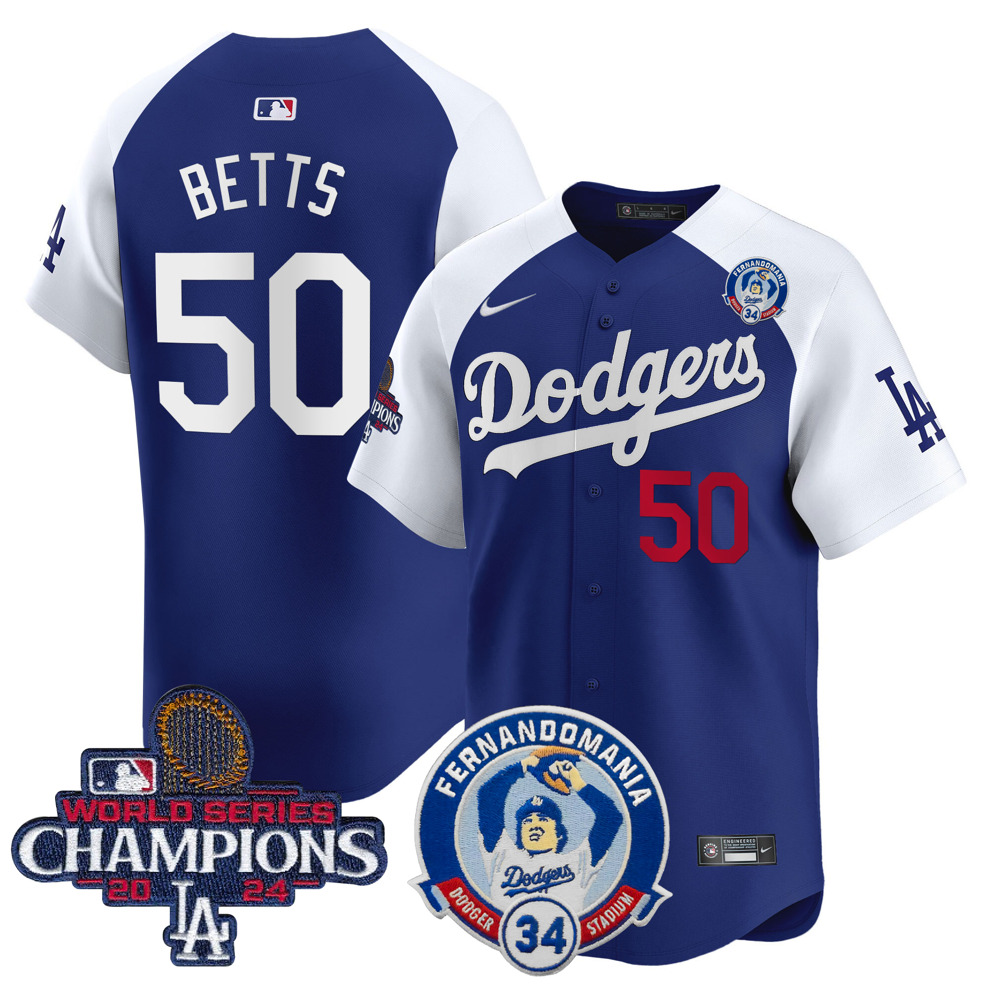 Mookie Betts Men's Los Angeles Dodgers Fernando & 2024 World Series Champions Patch Vapor Premier Limited Alternate Royal Jersey V2 - All Stitched