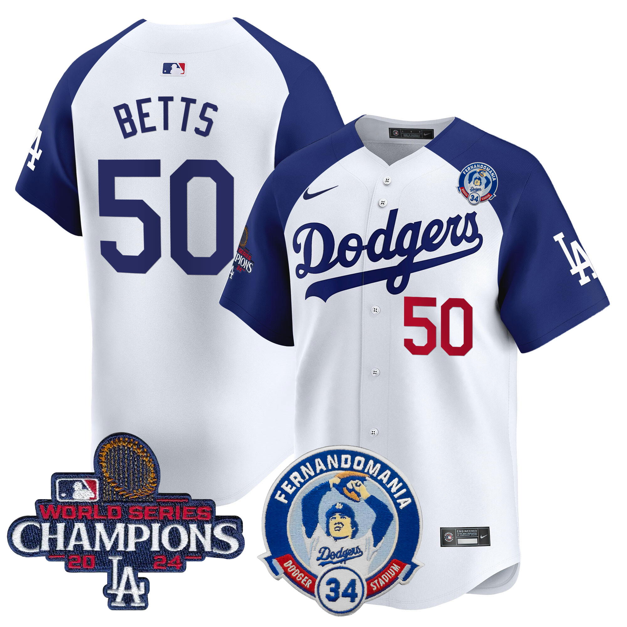 Mookie Betts Men's Los Angeles Dodgers Fernando & 2024 World Series Champions Patch Vapor Premier Limited Alternate White Jersey V2 - All Stitched