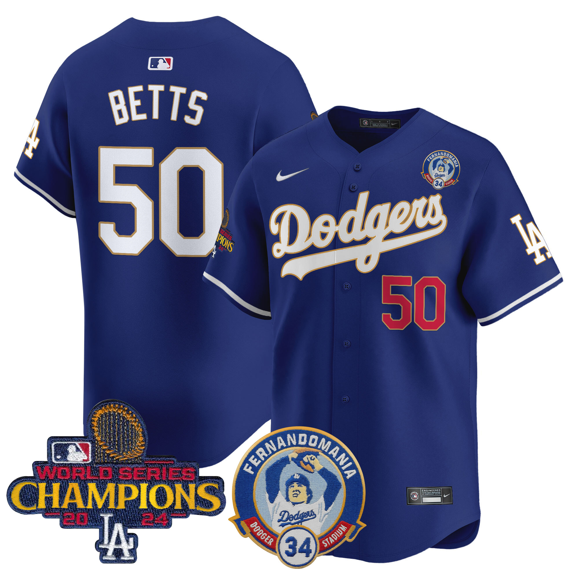 Mookie Betts Men's Los Angeles Dodgers Fernando & 2024 World Series Champions Patch Vapor Premier Limited Royal Jersey - All Stitched
