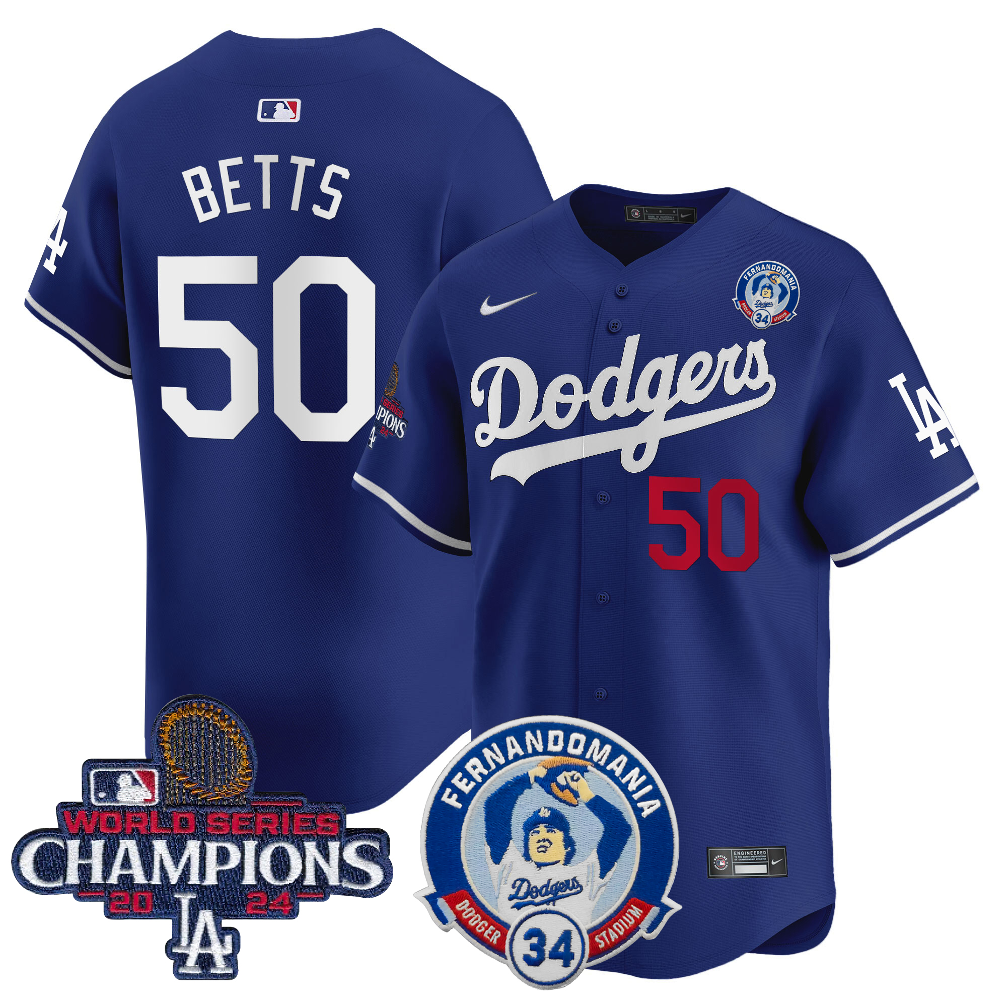 Mookie Betts Men's Los Angeles Dodgers Fernando & 2024 World Series Champions Patch Vapor Premier Limited Royal Jersey V2 - All Stitched