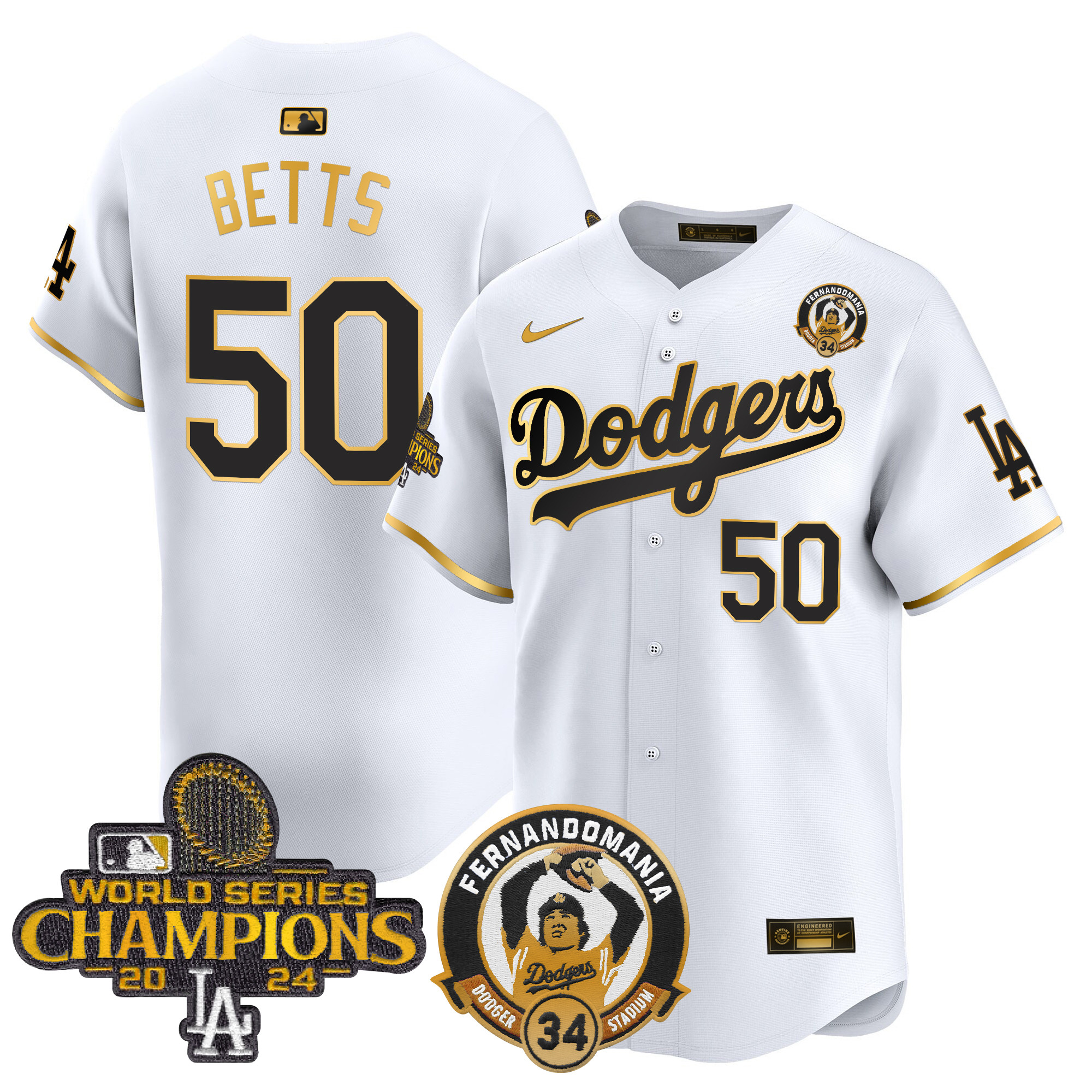 Mookie Betts Men's Los Angeles Dodgers Fernando & 2024 World Series Champions Patch Vapor Premier Limited White Gold Jersey - All Stitched